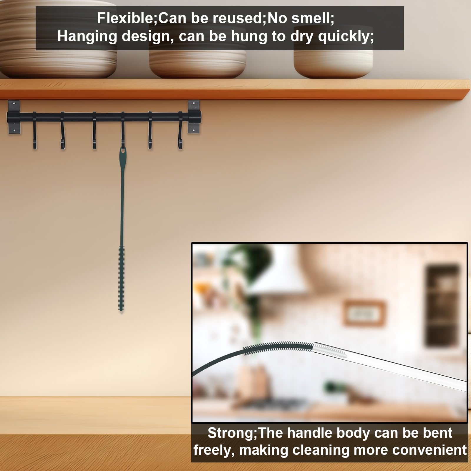 Silicone Straw Brush, 8Mm Gray 9.45 Inch Long Reusable Straw Cleaner With Hanging Hole Straw Washing Tool Bendable Crevice Brush