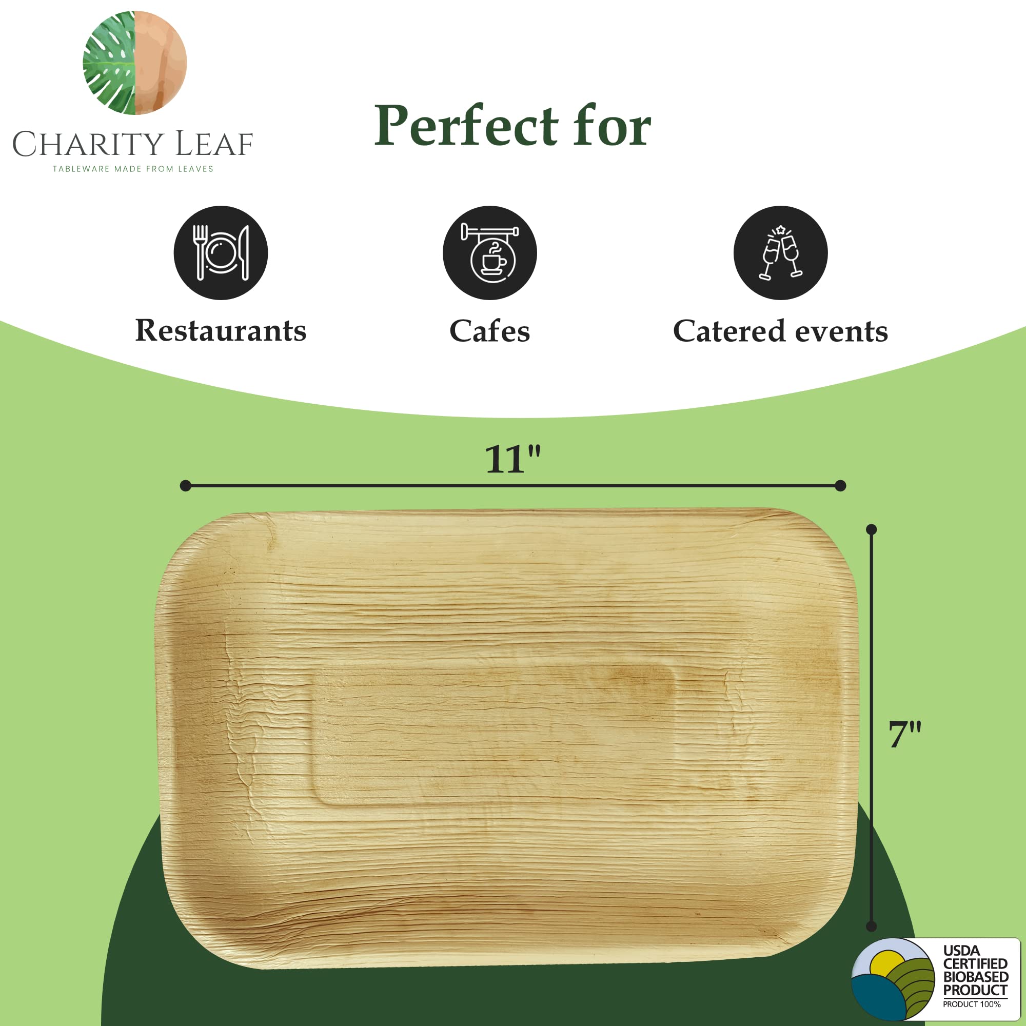 Charity Leaf Eco-Friendly Palm Leaf Trays - 11''X7'' (25-Pack) | Bamboo-Style, Disposable Serving Platters | Perfect For Wedding