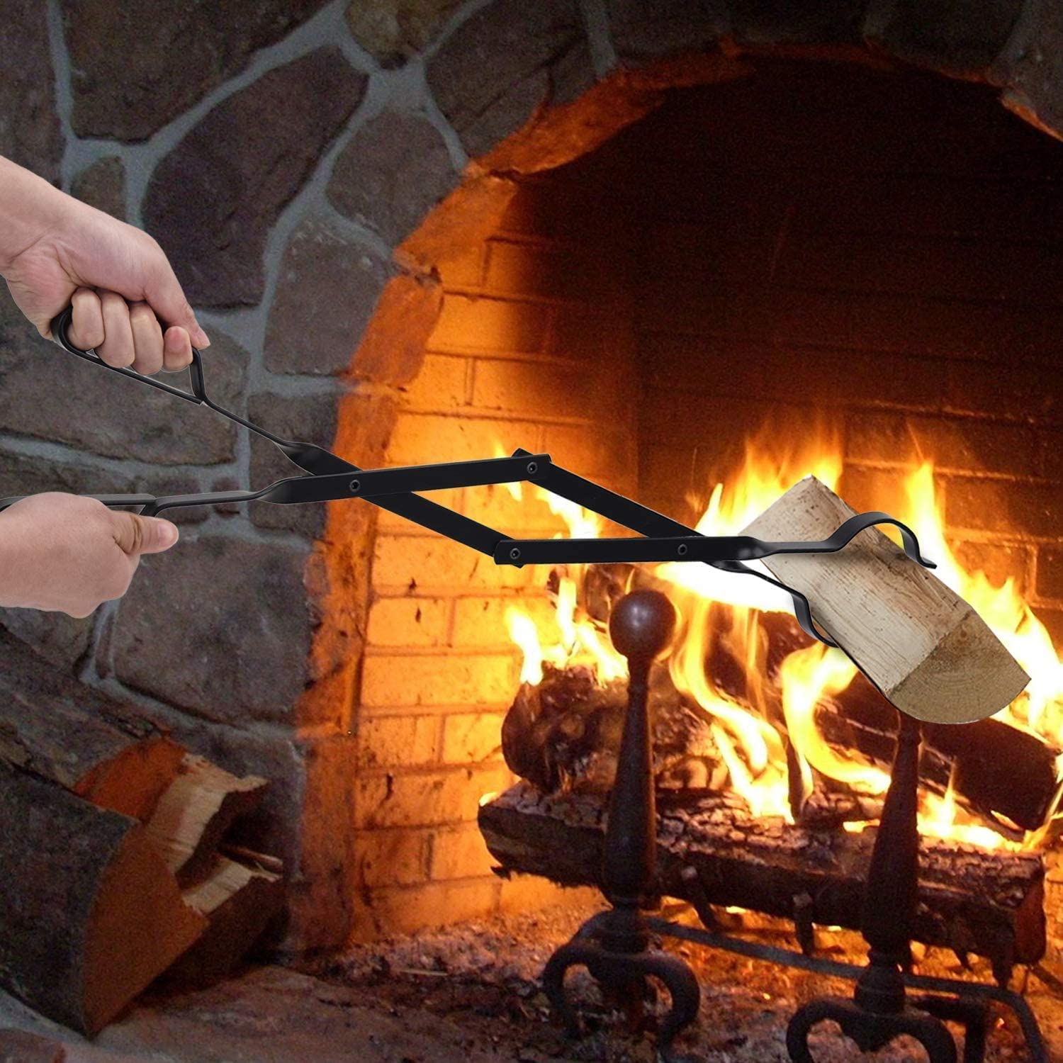 Log Grabber Fireplace Tongs Wood Fired Oven Tool Grill Camping Fire Pit Tool
