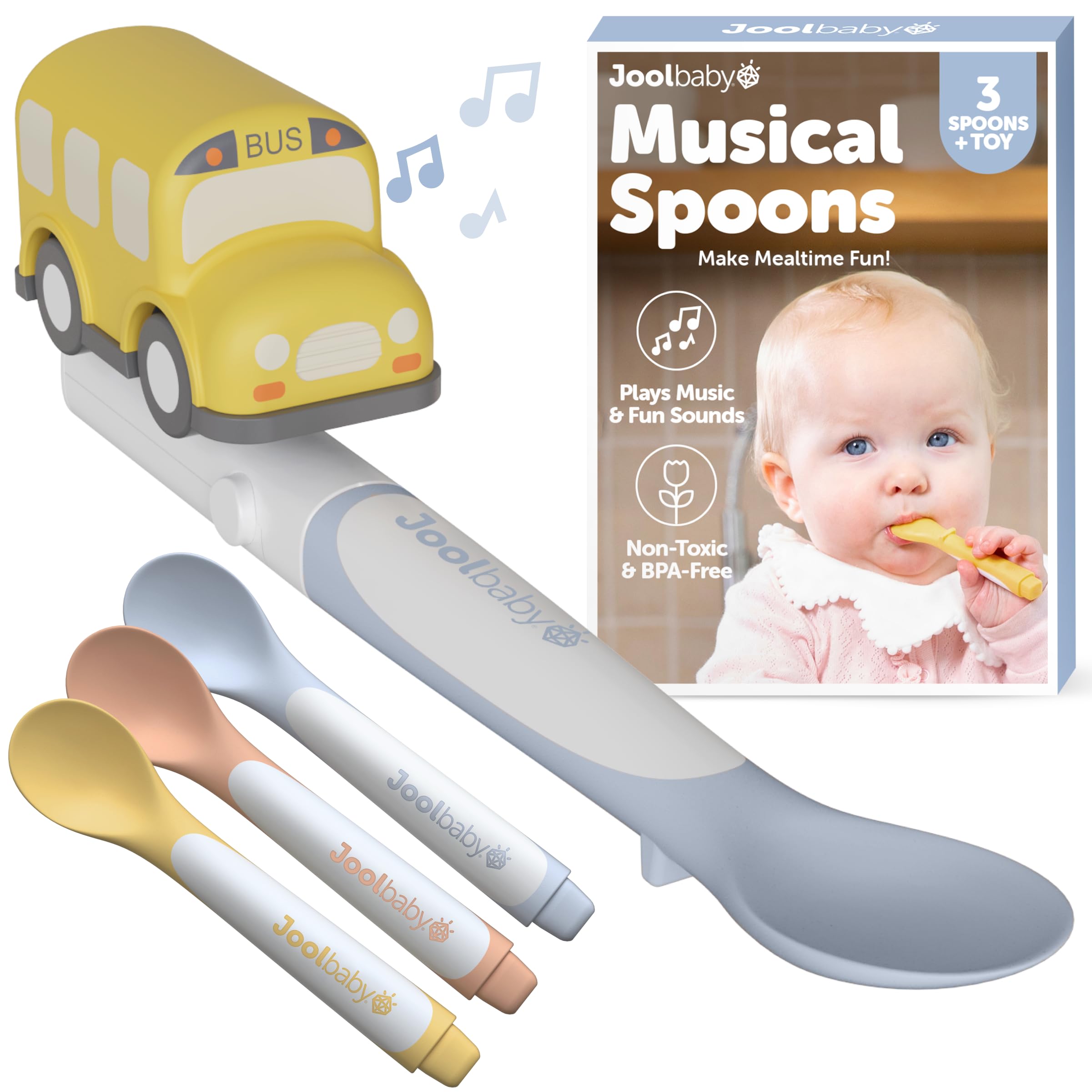 Jool Baby Musical Baby Spoons, 3 Spoons + School Bus with Fun Sounds - Multi-Stage Spoon for Infant Feeding & Training Babies 6+