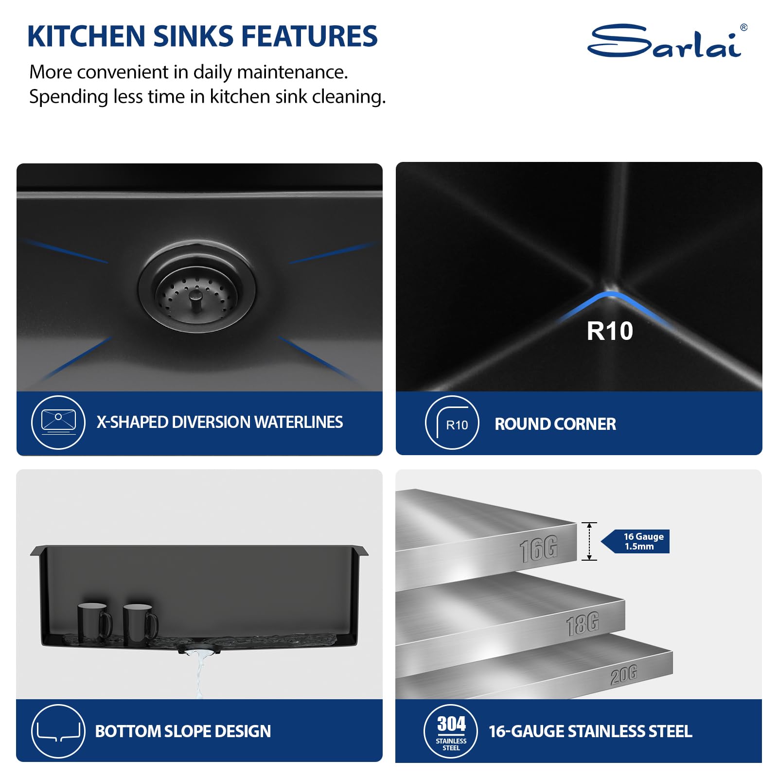 Sarlai 32 Matte Black Undermount Kitchen Sink - 32X19 Inch Kitchen Sink Undermount With Ledge Nano-Tech Round Corner 16 Gauge St