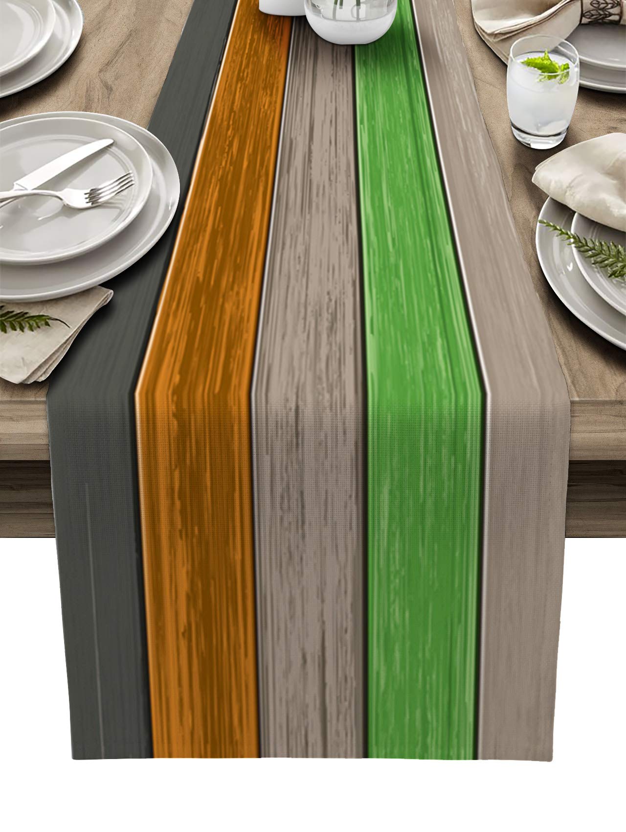 Farmhouse Cotton Linen Table Runner Dresser Scarf Urbane Bronze Retro Rustic Barn Wood Texture Ombre Brown Orange Green Non-Slip