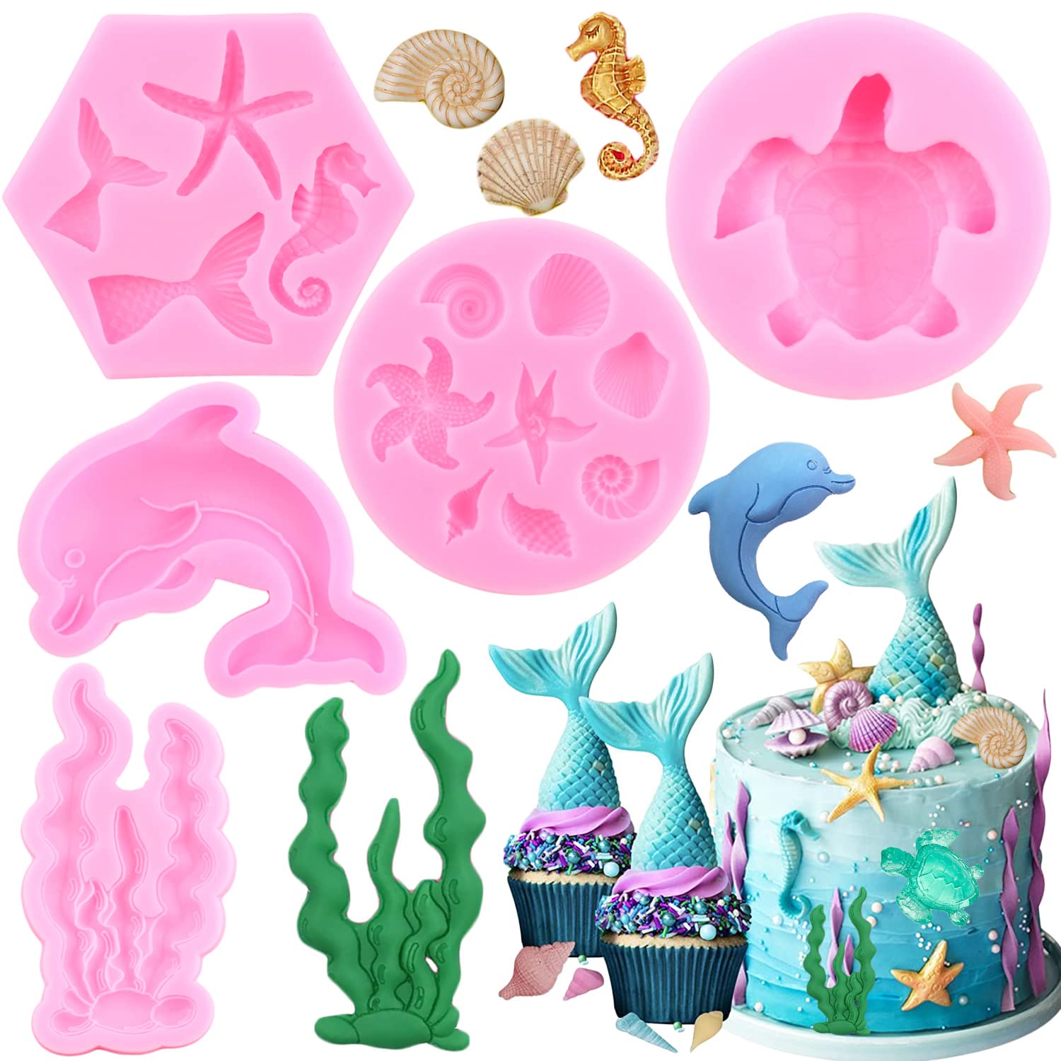 Zixiang Marine Theme Fondant Cake Mold Mermaid Seashell Starfish Conch Coral Seaweed Sea Turtle Dolphin Silicone Mold For Cake D