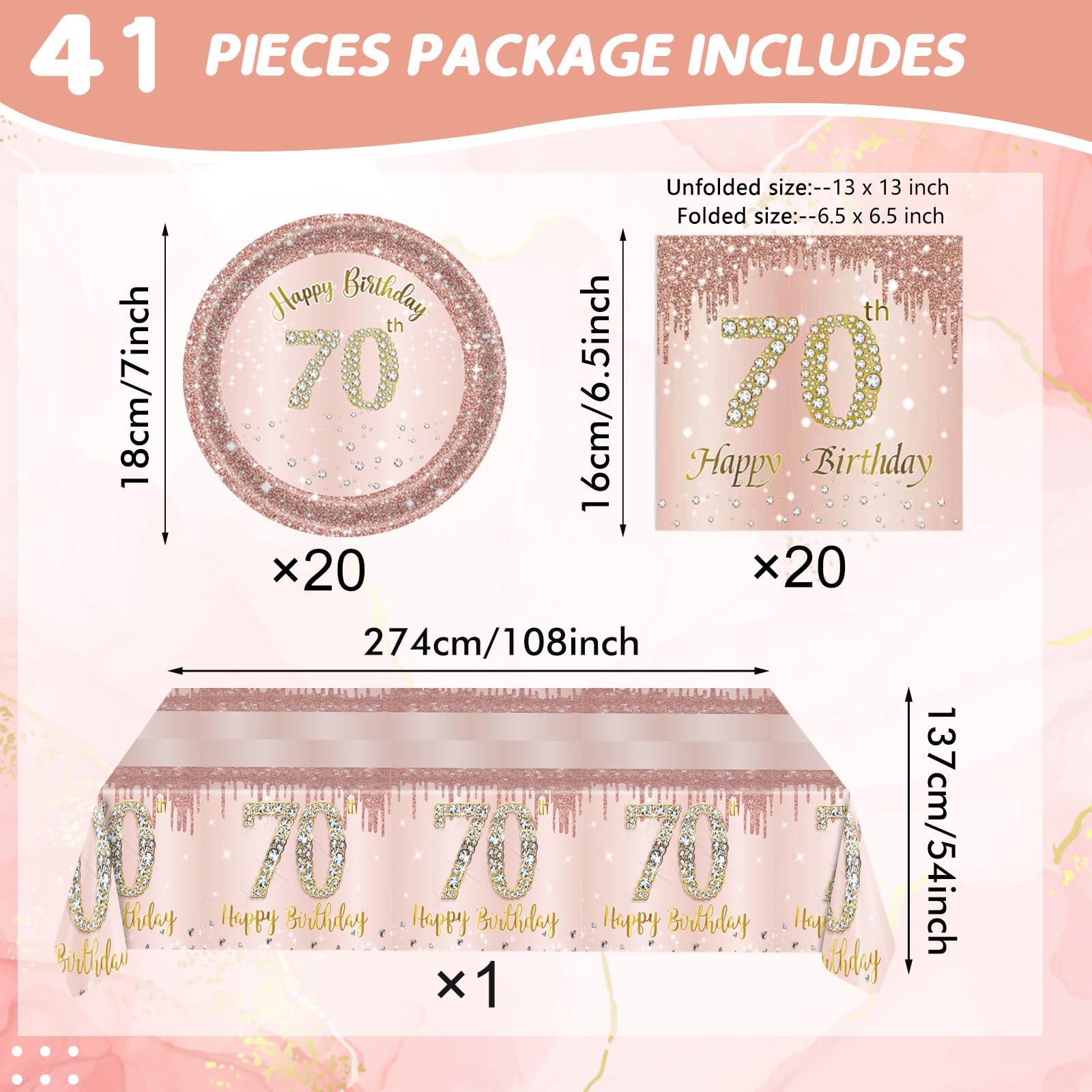 41Pcs 70Th Birthday Decorations, Rose Gold Birthday Party Supplies Include 20Pcs Plates 20Pcs Napkins And 1Piece Tablecloth, Swe