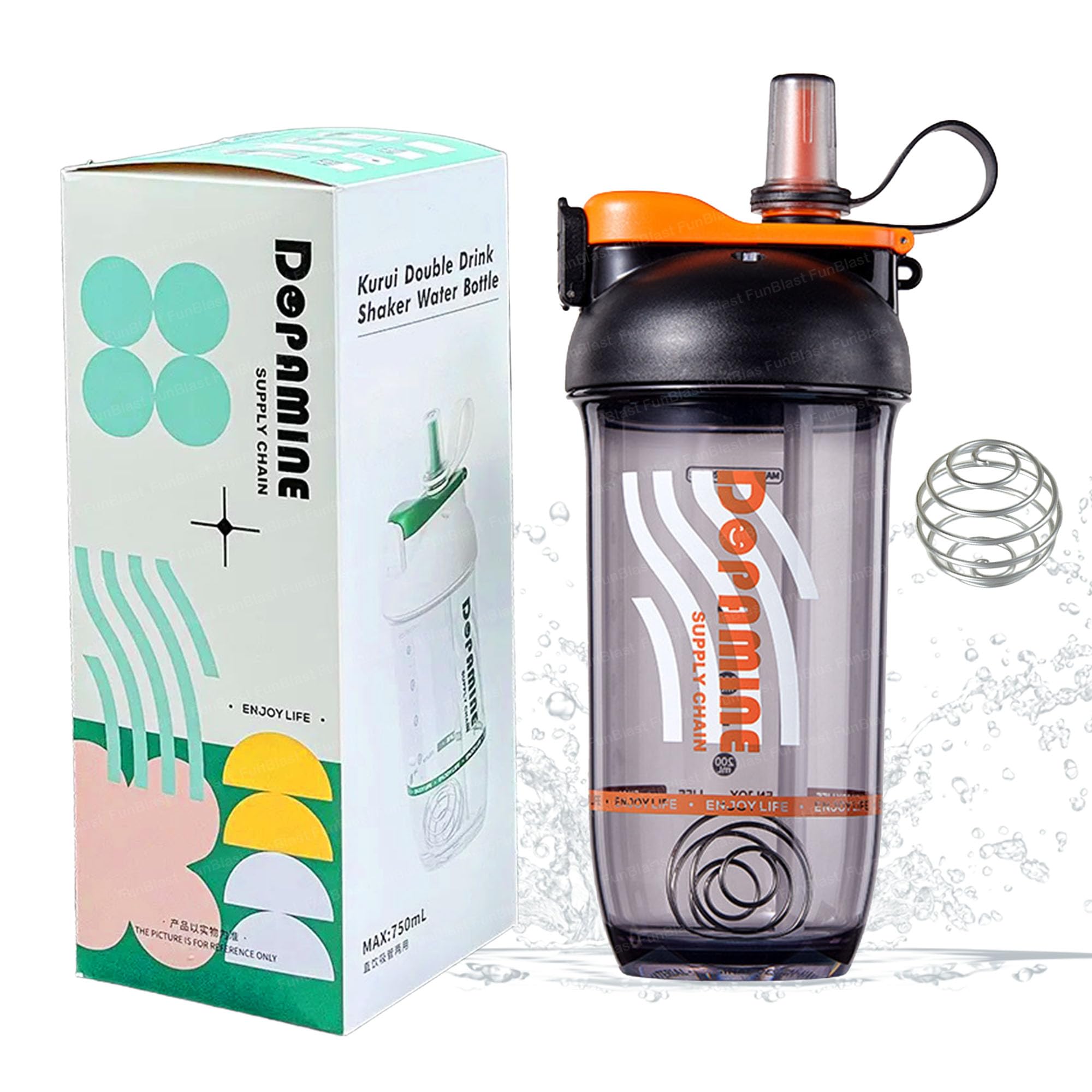 Funblast Shaker Water Bottle  750 Ml DualOpening LeakProof Sports Shaker With Steel Mixer Ball And Straw, Durable BpaFree No