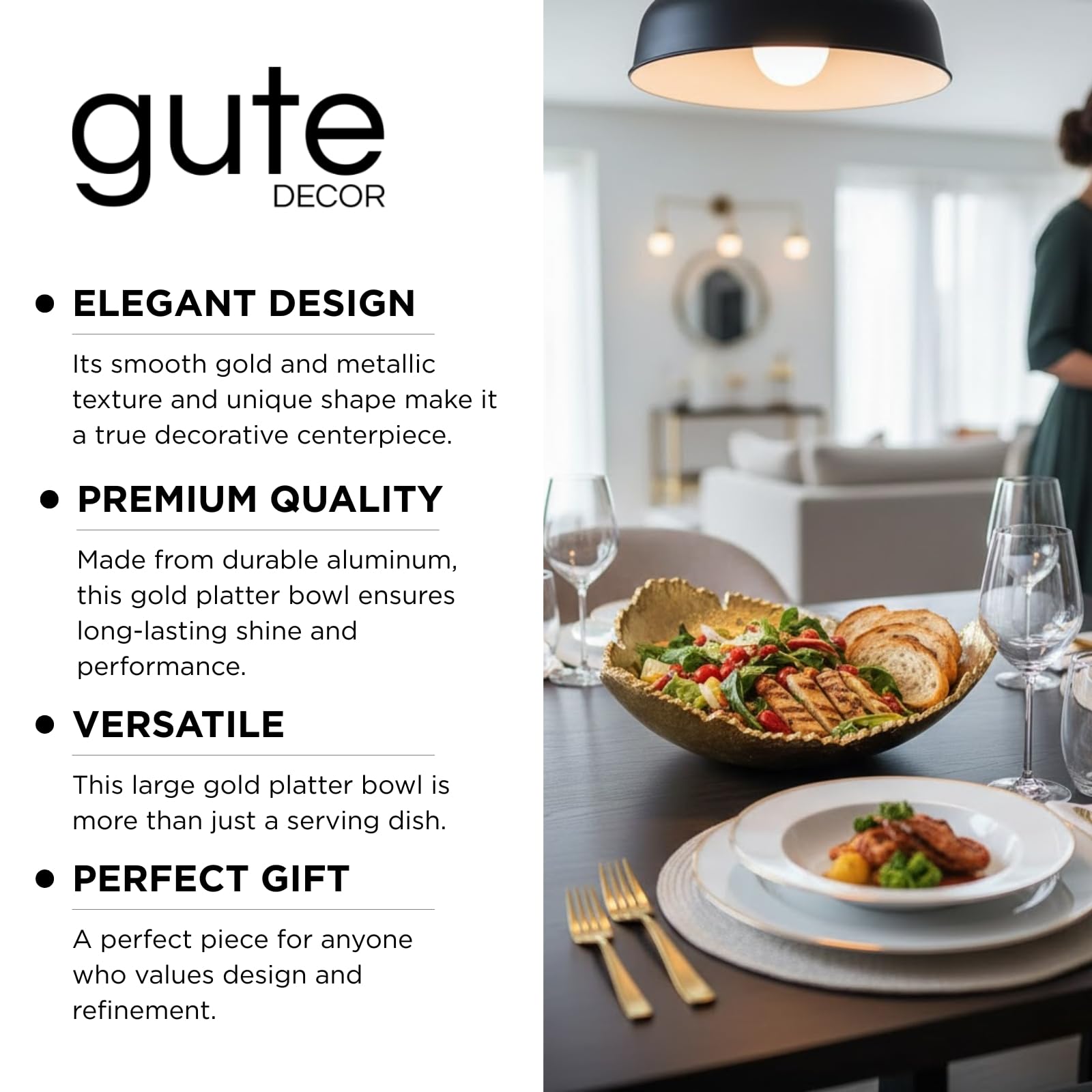 Gold Platter Bowl – Modern Aluminum Decorative Centerpiece with Textured Metallic Finish