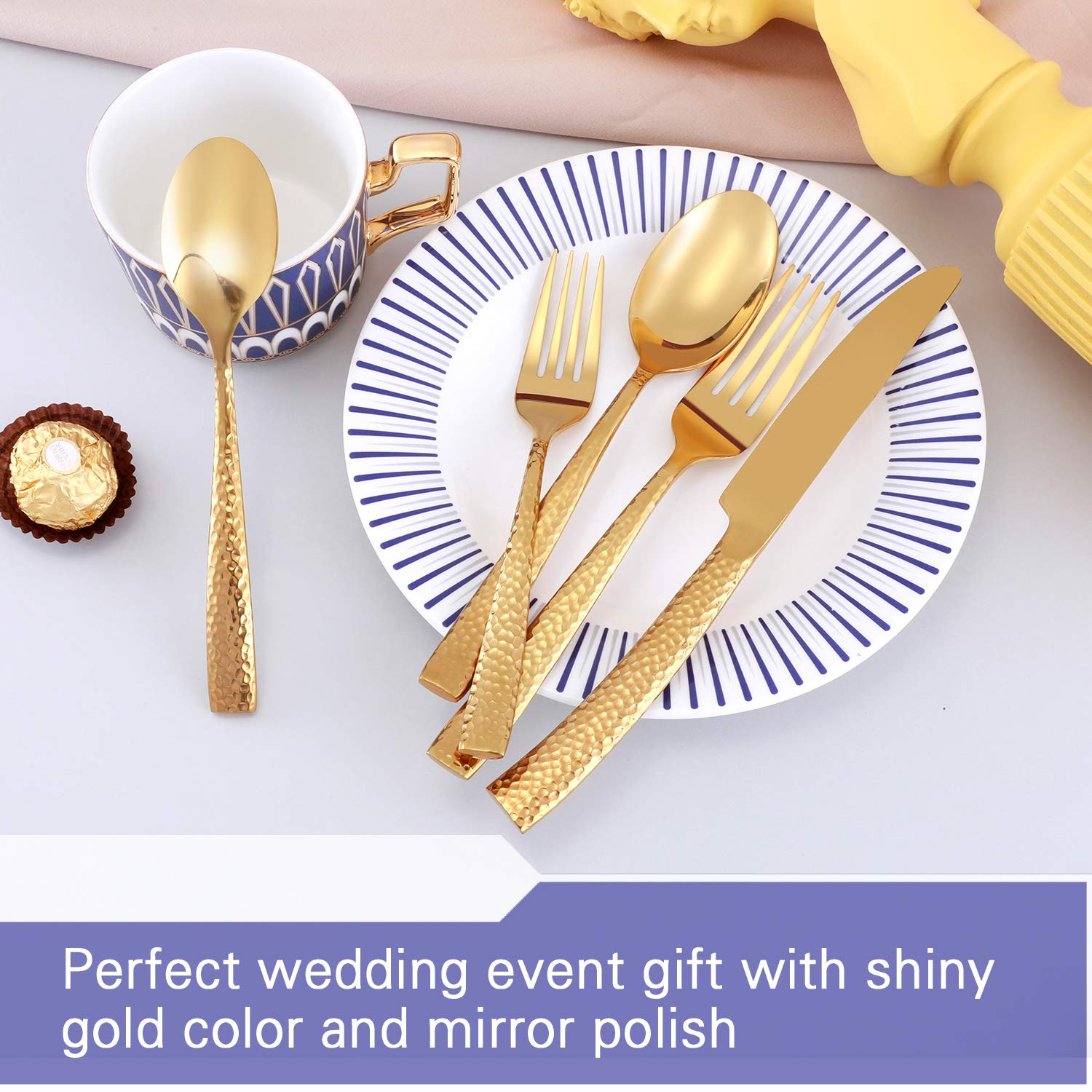 Kelenfer Gold Flatware Silverware Set 20 Piece Stainless Steel Forged Hammered Cutlery Set Service For 4