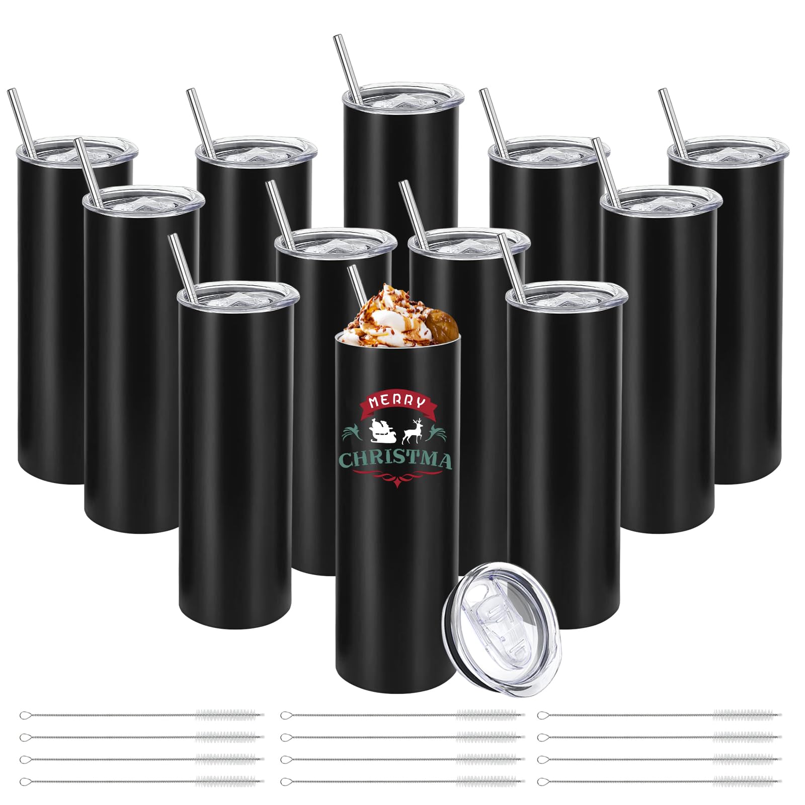 Youke Ola 12 Pack Stainless Steel Skinny Tumblers Bulk Straight Double Wall Insulated Tumbler With Lid And Straw For, Diy, Black