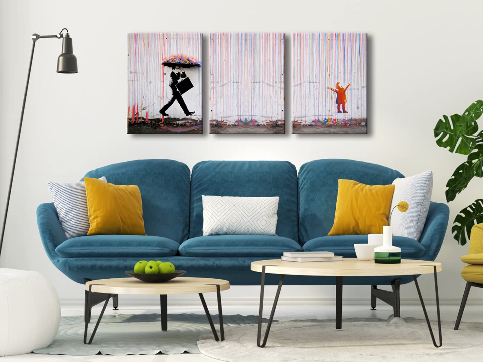 Wieco Art 3 Piece Banksy Famous Canvas Paintings Wall Art Raining Day Modern Inspirational Grey Love Pictures Print Artwork For