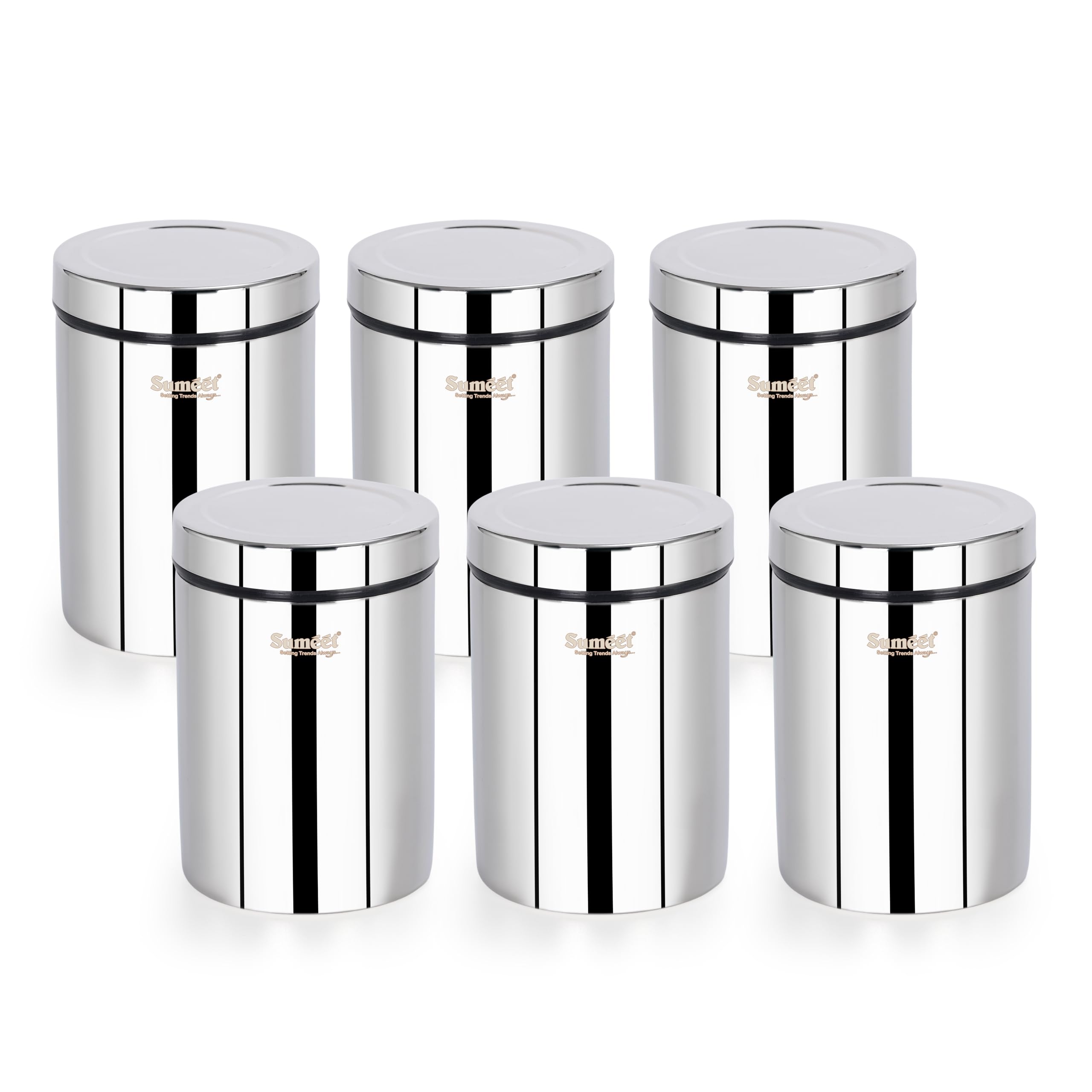 Sumeet Isi Certified Stainless Steel Air Tight Storage Container Jar Canister Dabba With Threading Screw Cap For Kitchen - Pack Of 6Pc  8.3Cm  550Ml  Silver