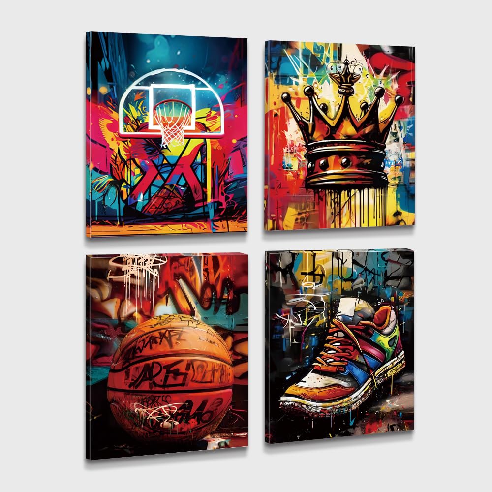 Basketball Wall Art Canvas Prints,Framed Art Graffiti Posters Man Cave Bedroom Boys Room Sports Wall Decor Gift for Fans Set of 