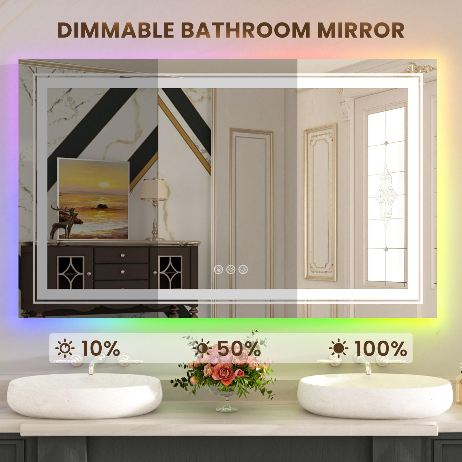 Wtty Led Bathroom Mirror 40''X30'' With Rgb Backlit And Front Light,Stepless Dimmable Led Mirror For Bathroom,Lighted Bathroom V