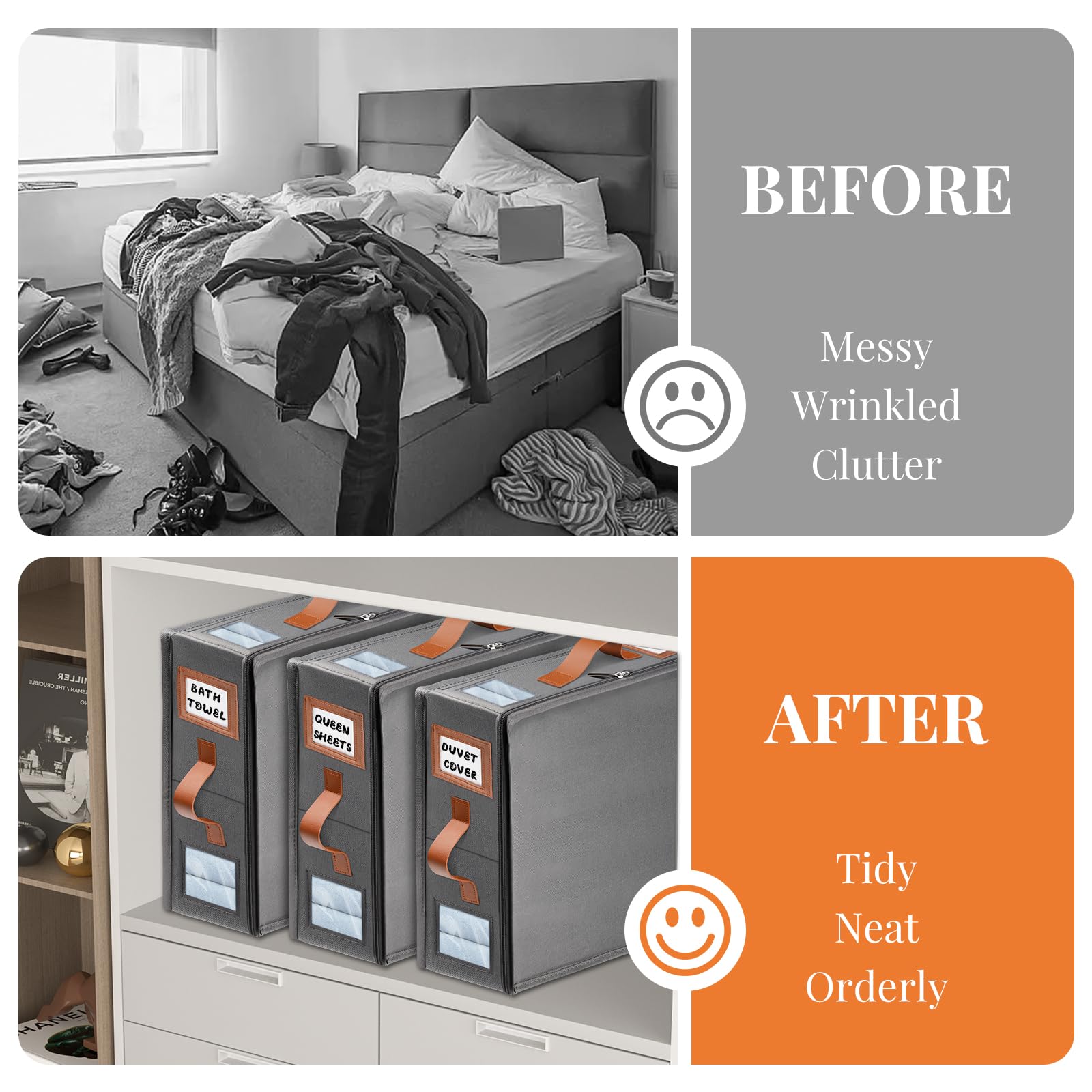 8 Pack Sheet Organizers and Storage (King & Queen Size), Foldable Linen Closet Bed Sheet Organizer with Window, Folding Bedding