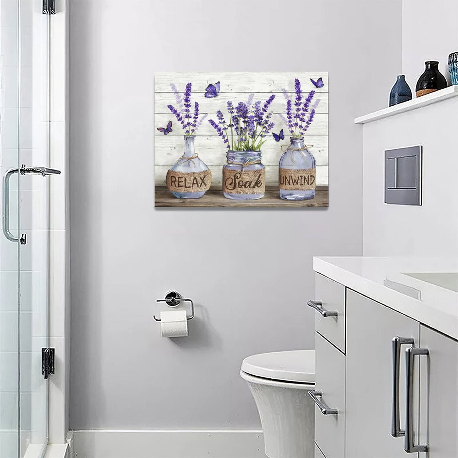 Tijuboni Farmhouse Bathroom Wall Art - Lavender Canvas Prints, 12"x16", Rustic Decor for Bathroom & Bedroom