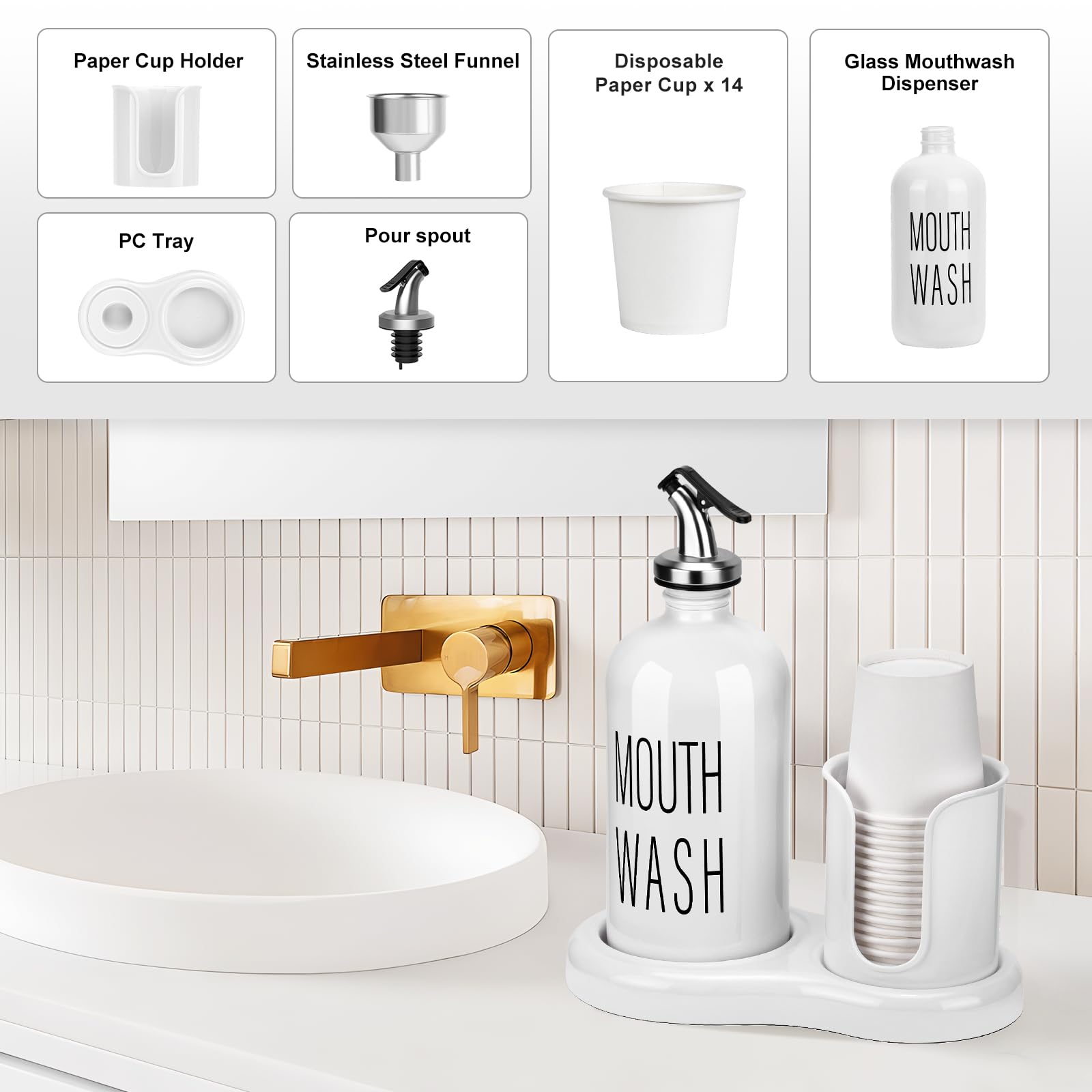 Mouthwash Dispenser for Bathroom BYAWAY Mouthwash Dispenser with Cup Holder 14 Mouthwash Cups and Funnel Refillable Glass Mouthwash Container (White)