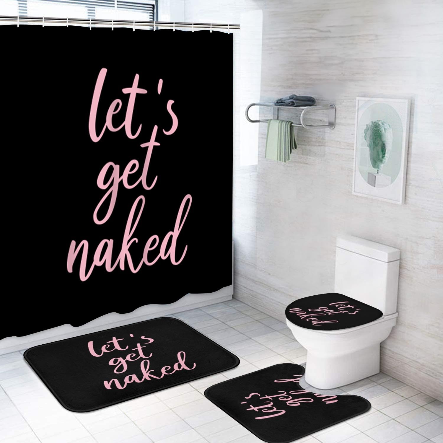 Artsocket 4Pc Pink Let'S Get Naked Shower Curtain Sets Black Bathroom Decor With Rugs, Non-Slip Rug,Toilet Lid Cover, Bath Mat A