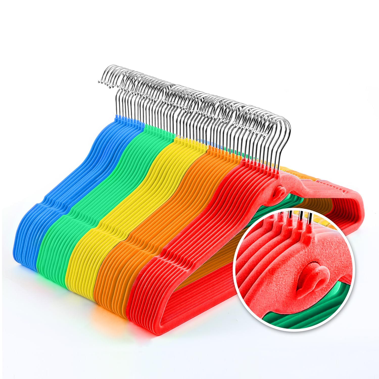 Multi-Color Premium Velvet Hangers With Mini Hooks, Pack Of 50, Non Slip, Space Saving Cascading Clothes Hangers, Rainbow Colors