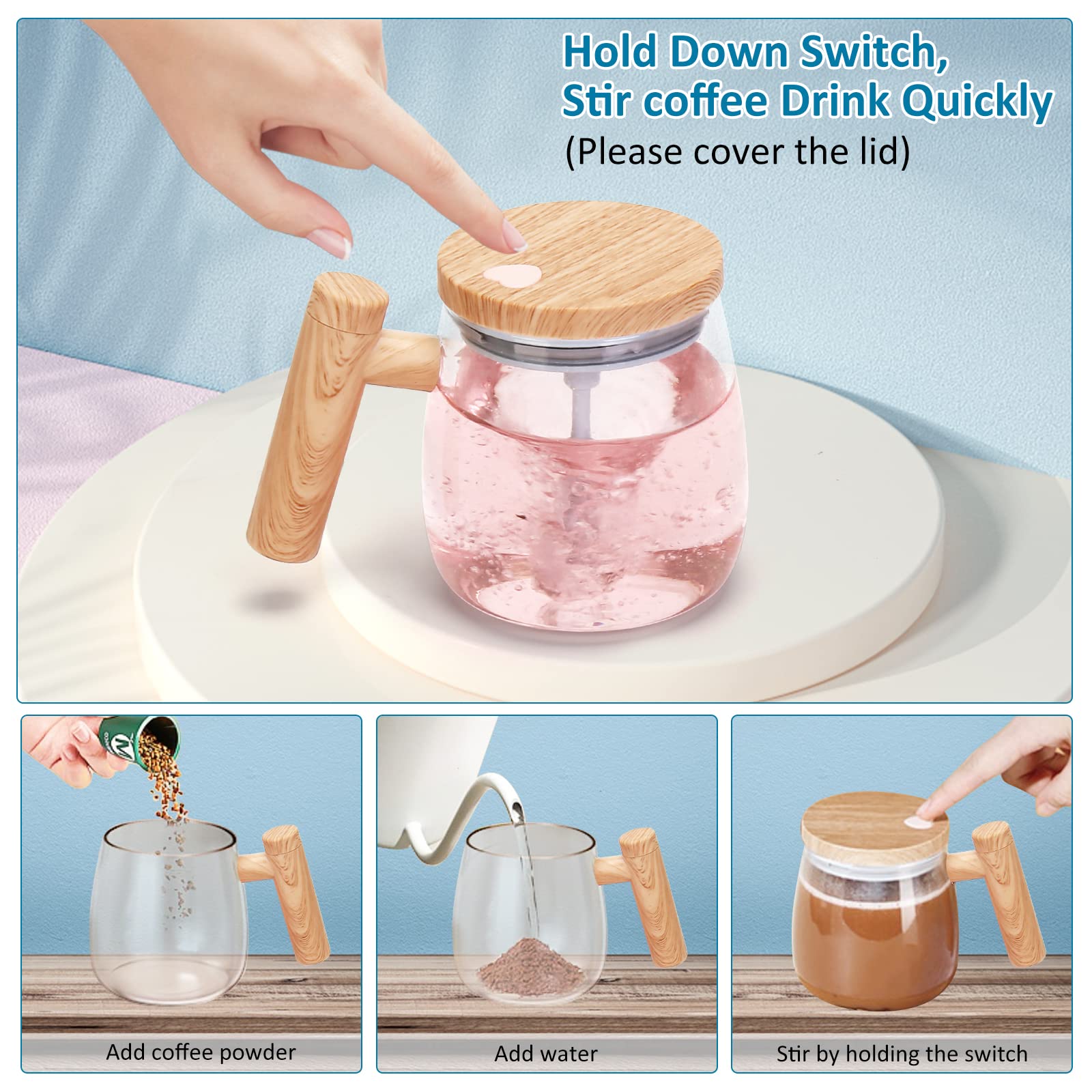 Valinks Self Stirring Coffee Mug, Glass Electric Self Mixing Cup With Lid & Handle, 400Ml Auto Self Stirring Cup To Stir Coffee,