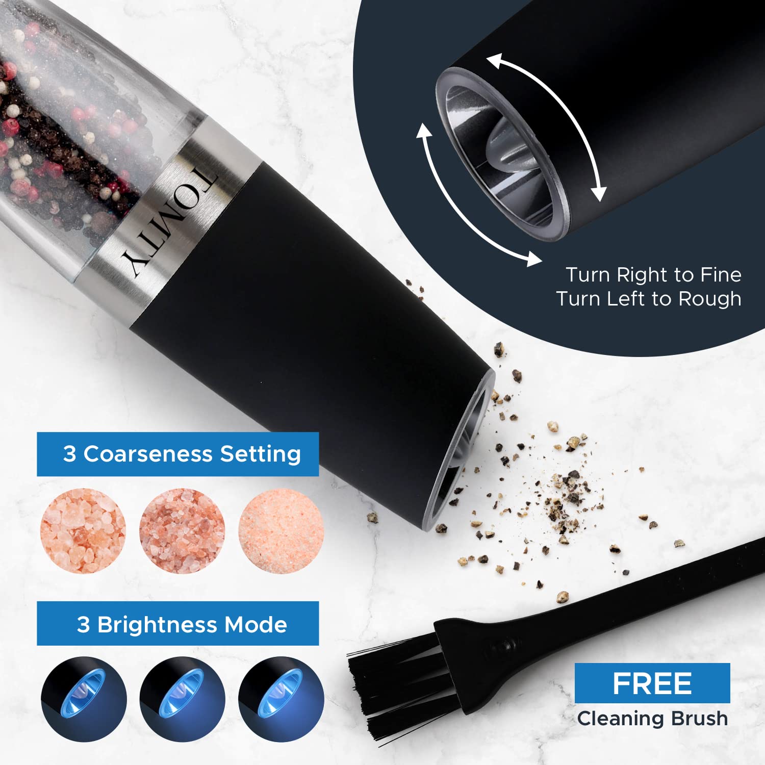 TOMTY Electric Salt and Pepper Grinder Set - Battery Operated, Stainless Steel, Black - Perfect for Kitchen, Grilling, and Housewarming Gifts