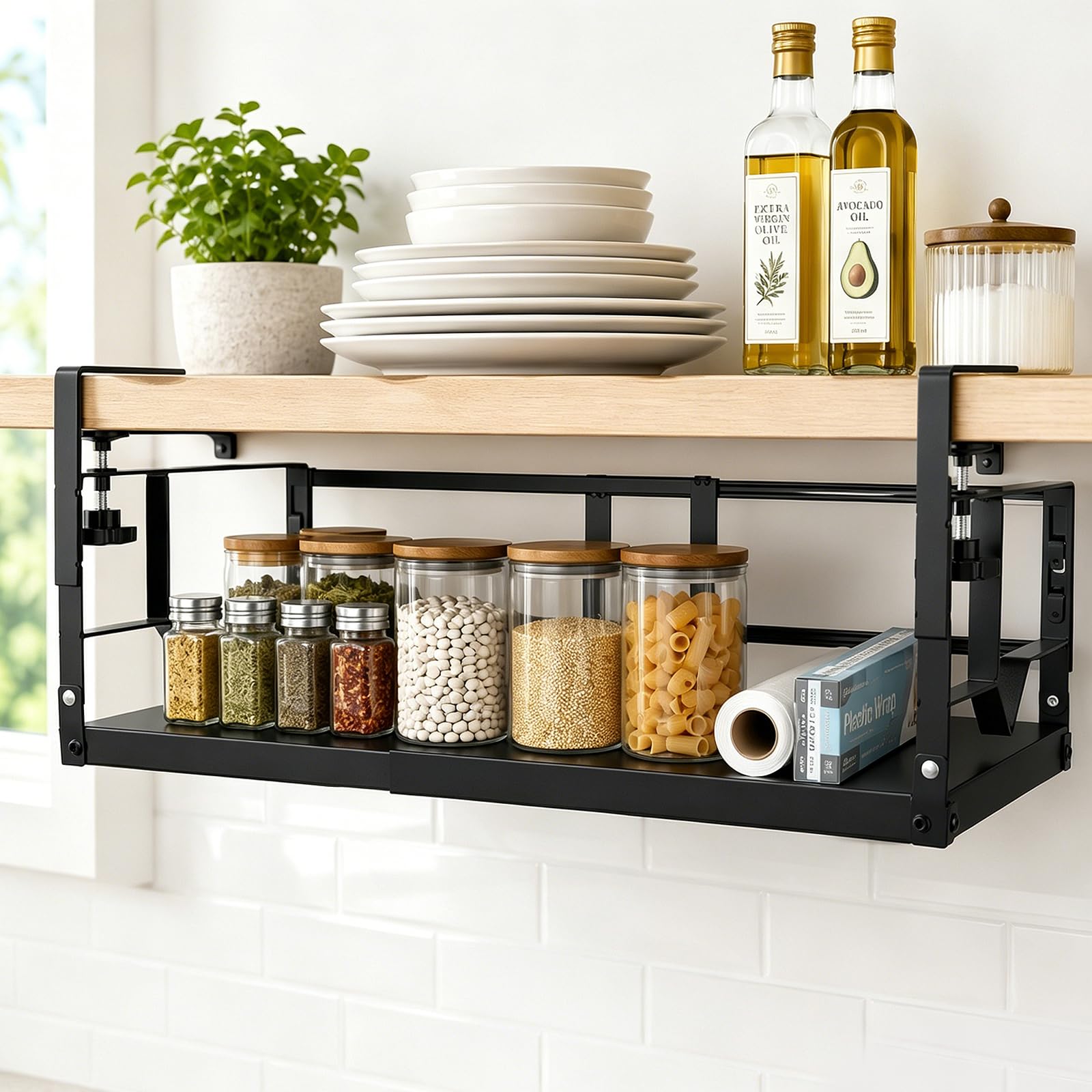 Under Shelf Basket Organizer, Adjustable Hanging Holder with Knob Lock, Heavy Duty Metal Panel for Cabinet Pantry Kitchen Cupboa