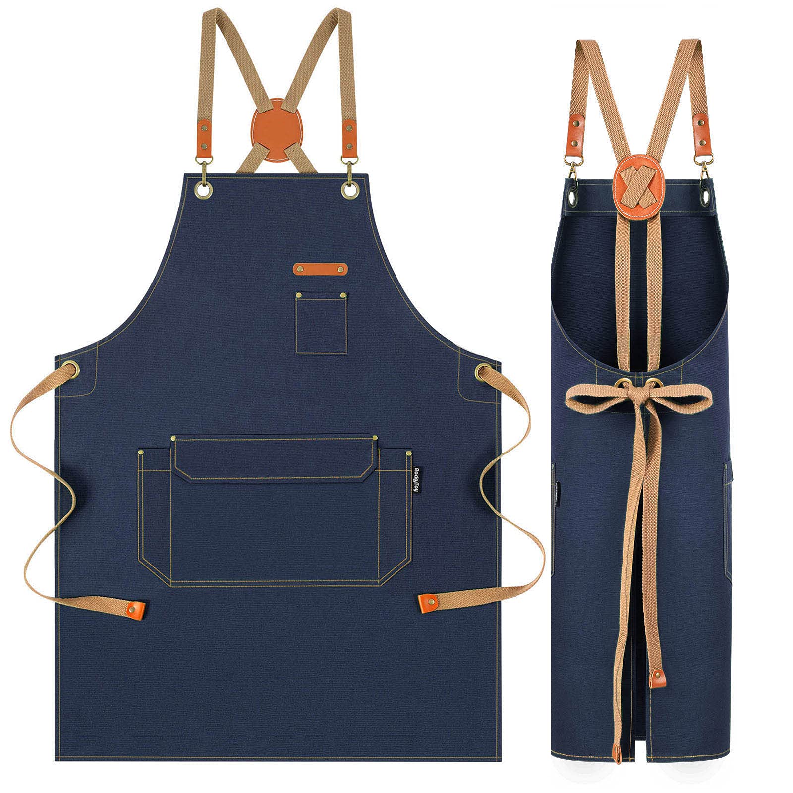 Rockytoy Chef Apron With Cross Back Straps For Men Women, Cotton Canvas Apron For Artists Painting, Kitchen Cooking, Navy Blue