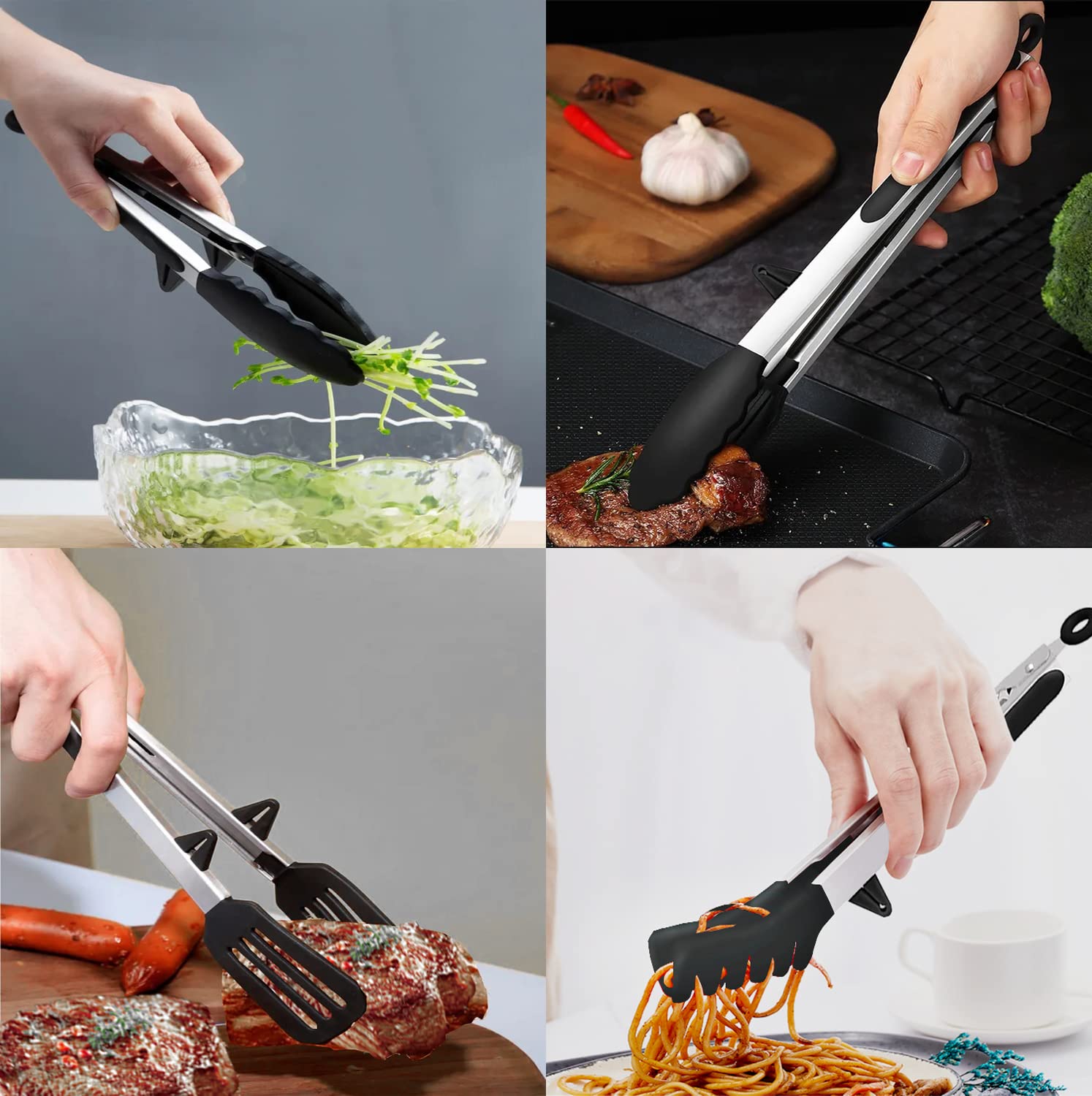 4 Pack Silicone Kitchen Cooking Tongs Set, Stainless Steel Nonstick Food Tong With Bpa Free Silicone Tips For Serving Pasta Spag