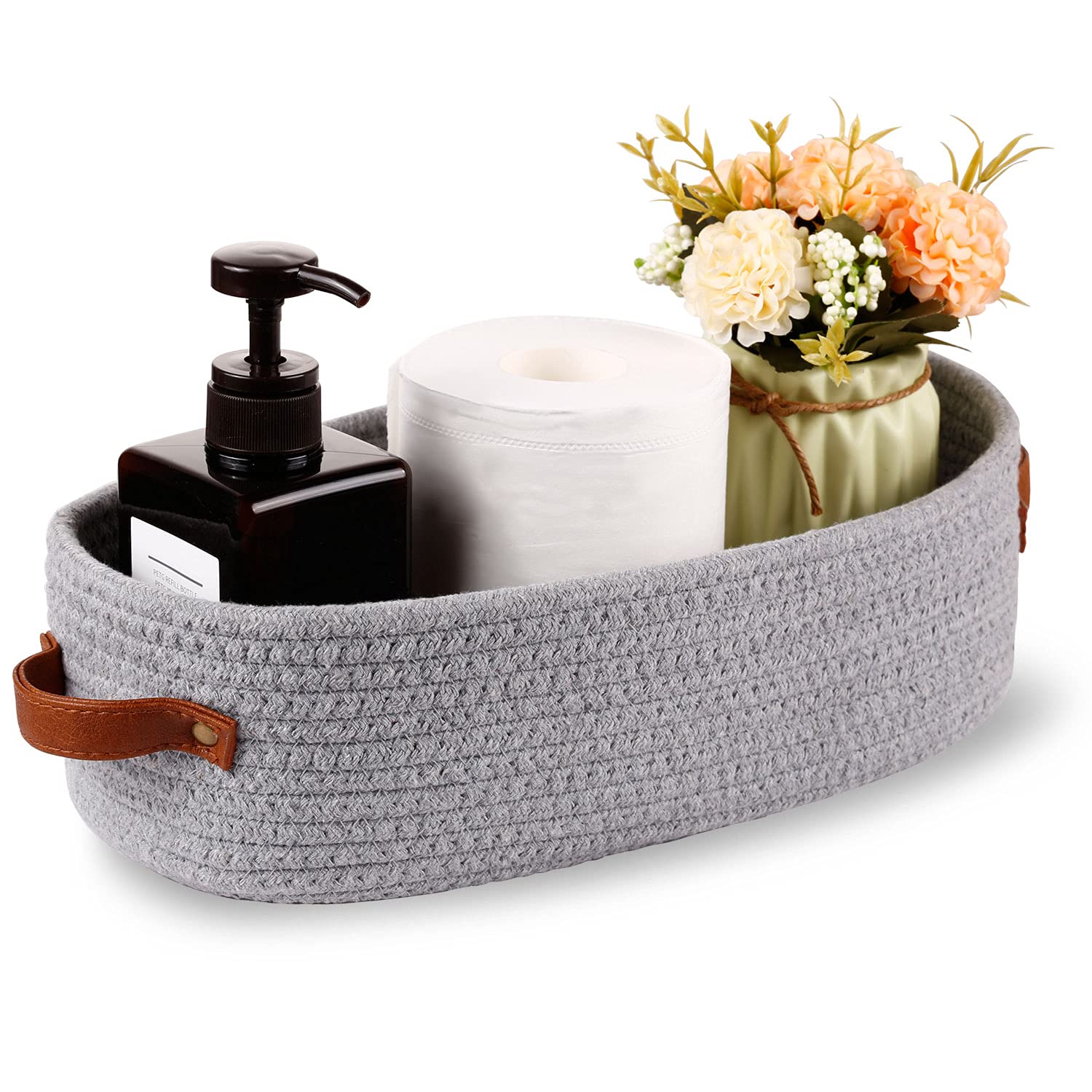 Oradrem 2 Pack Cotton Rope Small Woven Basket Toilet Paper Basket Room Storage Basket with Handles for Bathroom  13''x5.9''x4'' Gary