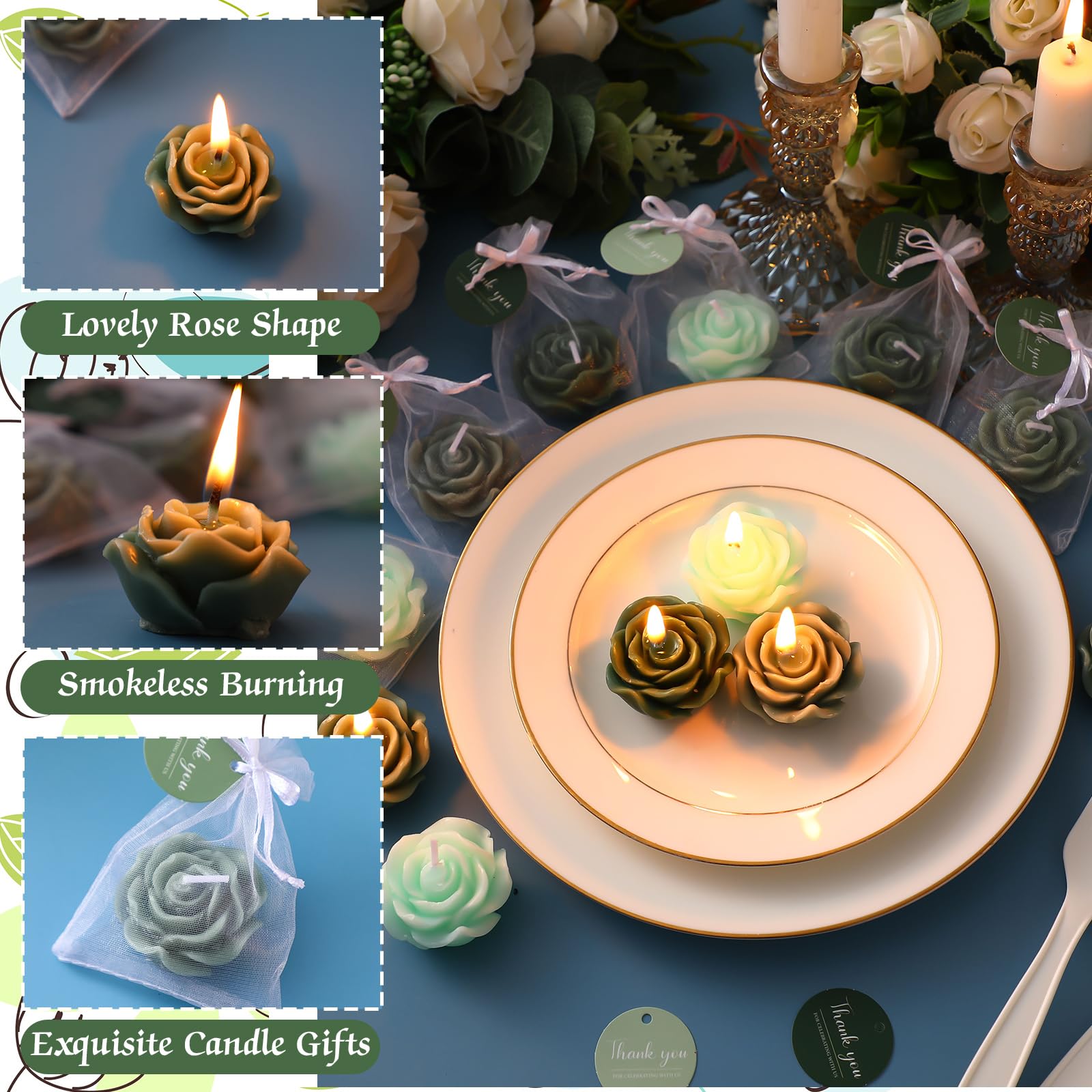 Treela 24 Set Flower Candles Wedding Favor for Guests Mini Sage Green Rose Shaped Tealight Candles for Return Gift Wedding Birth