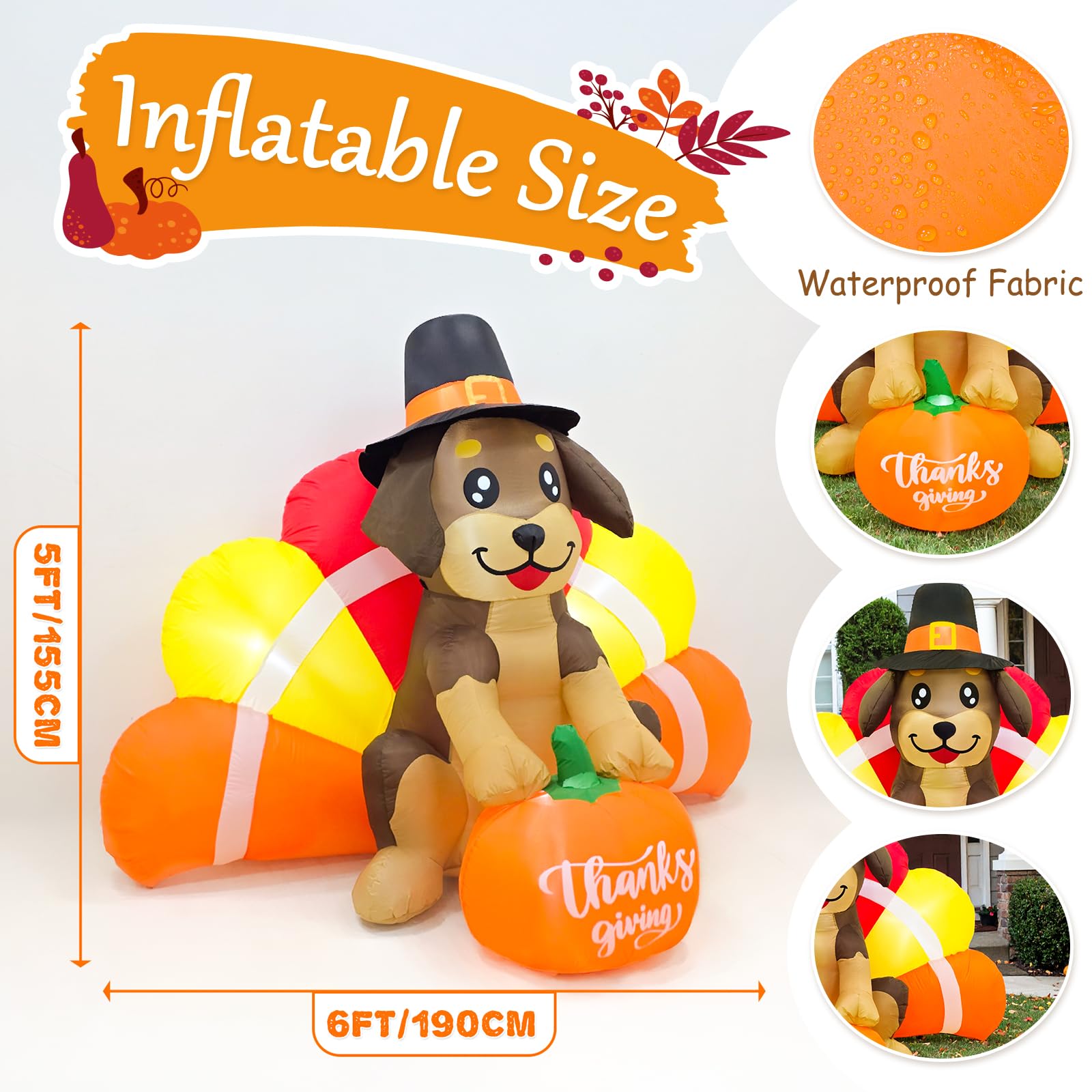 Fayavoo 5FT Happy Thanksgiving Inflatables Outdoor Decorations, Inflatable Turkey Dog with LED Lights, Blow Up Turkey for Fall I