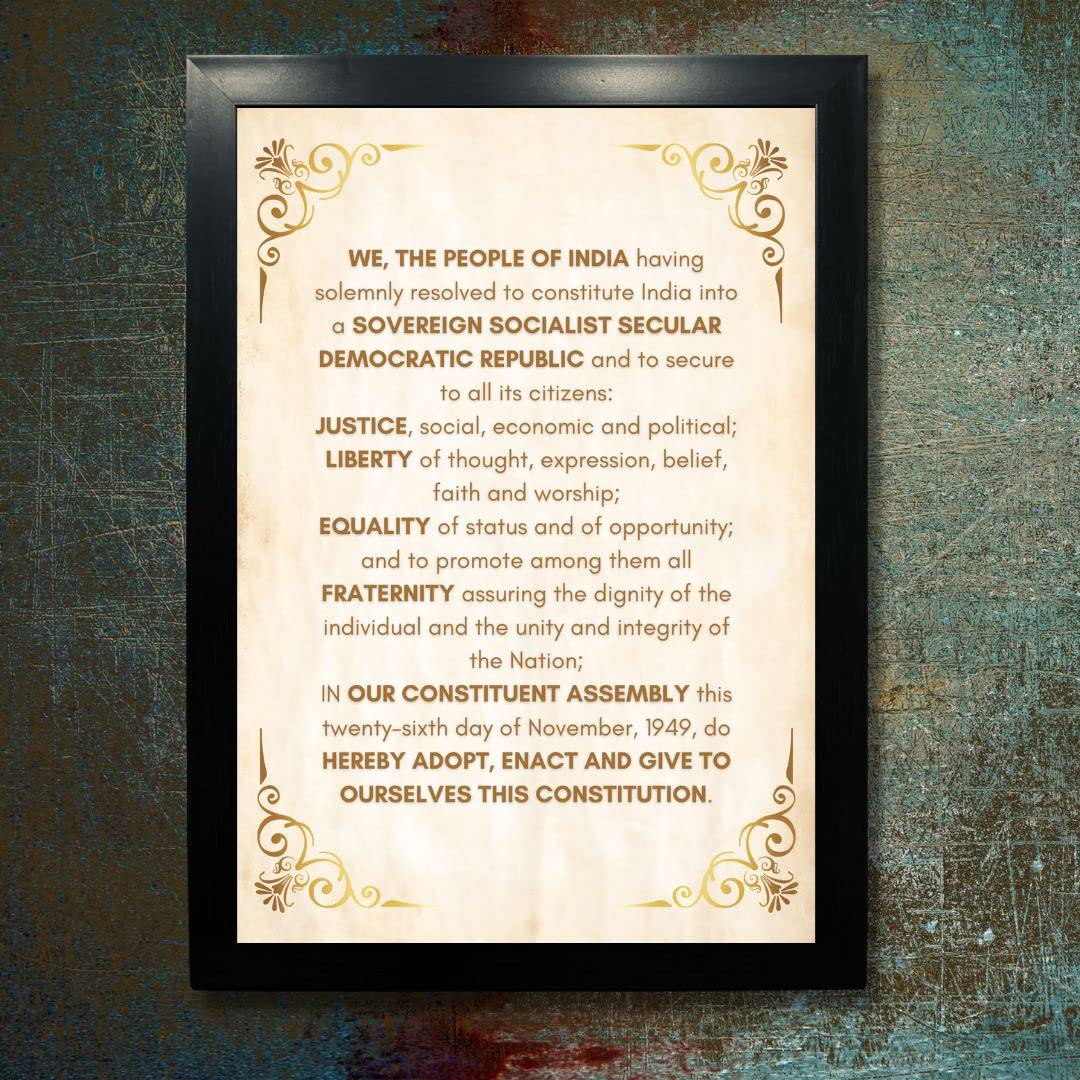 Kagaz Kala - Indian National Symbols - Patriotic Framed Paper Wall Poster- Multicolour, 13X10 Inches (Preamble Of Indian Constit