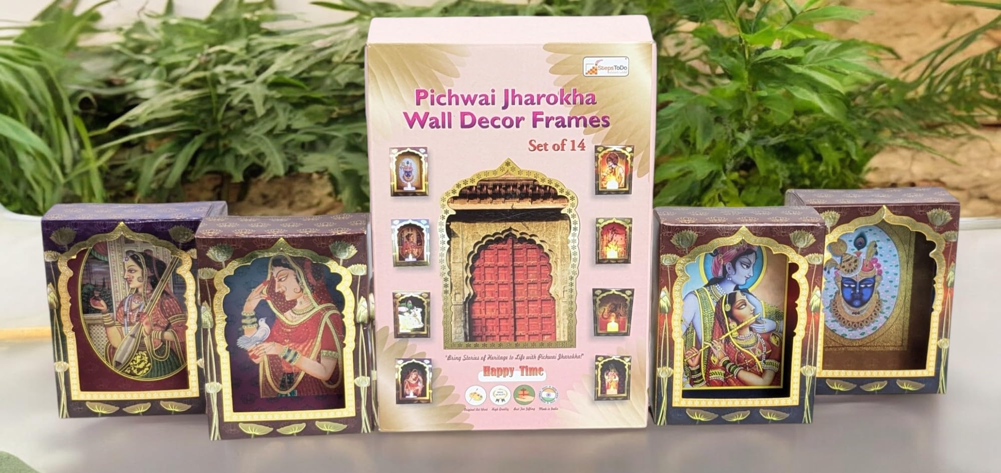 StepsToDo Pitchwai Jharokha Wall Dcor Box Frames (Pack of 14) Deep Deewar With LED Candle, Jharokha Style Wall & Home Decor for