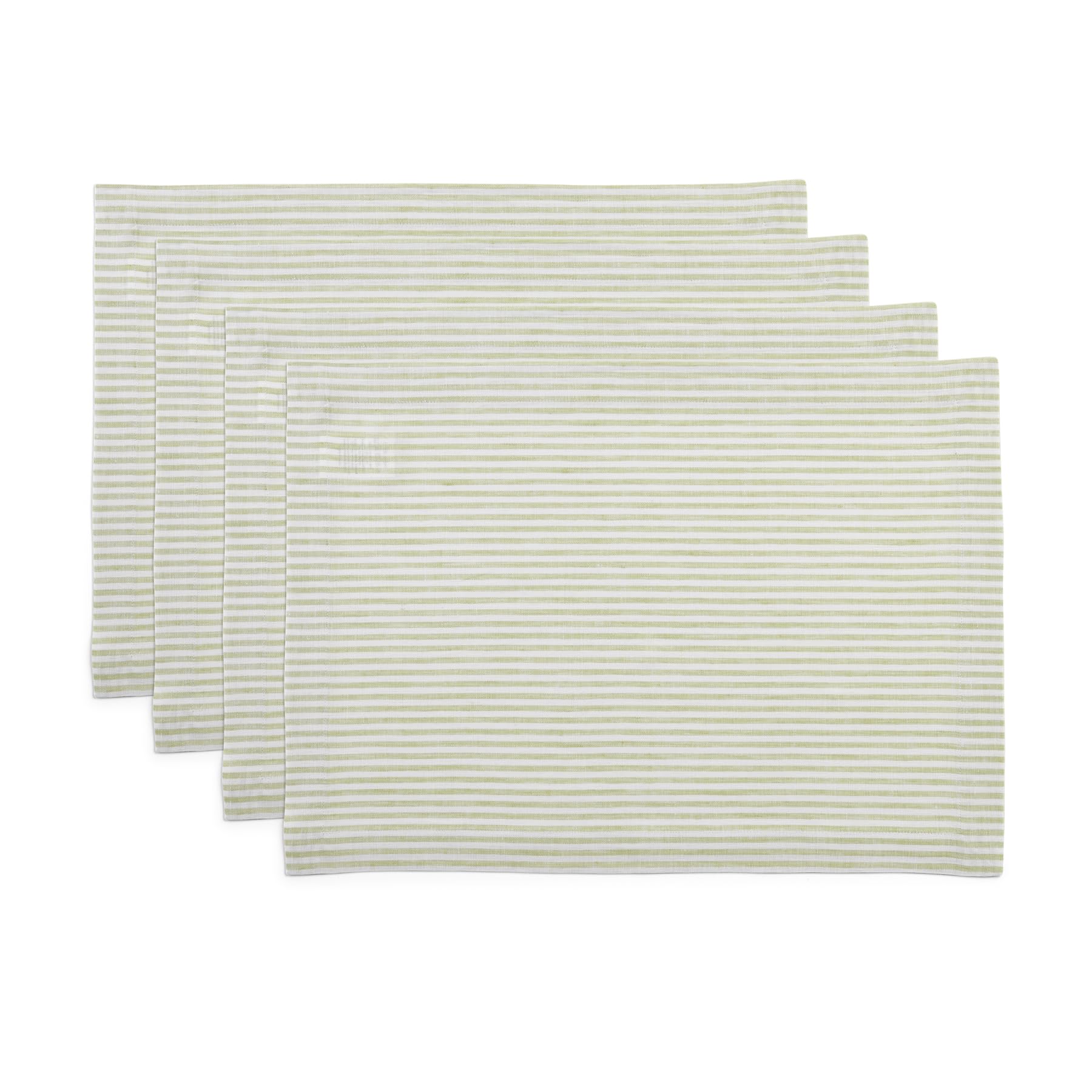 Solino Home Stripe Linen Placemats 19'' L X 14'' W Inch - 100% Pure Linen Sage And White Cloth Placemats Set Of 4 - Narrow Strip