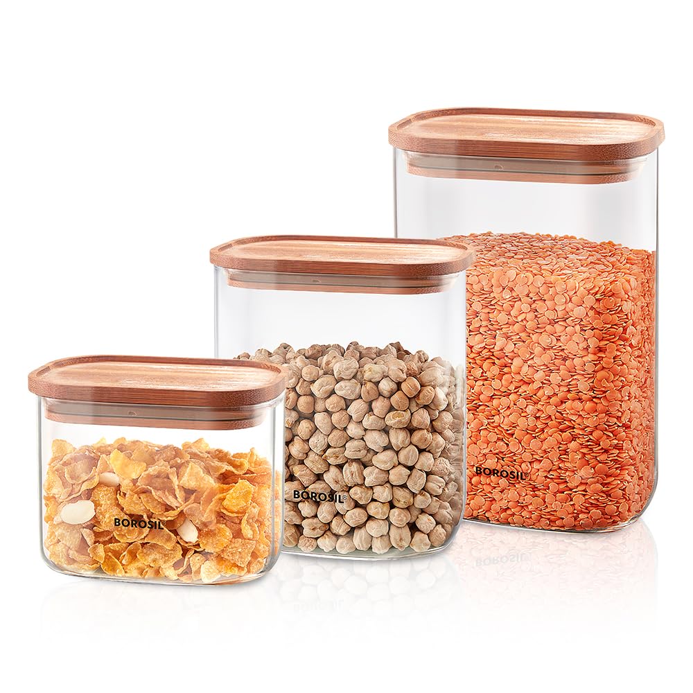 Borosil 3Pc Storage Jar Set With Bamboo Lid (600Ml + 950Ml + 1.3L) | Made In India Borosilicate Glass Dishwasher Safe Container 