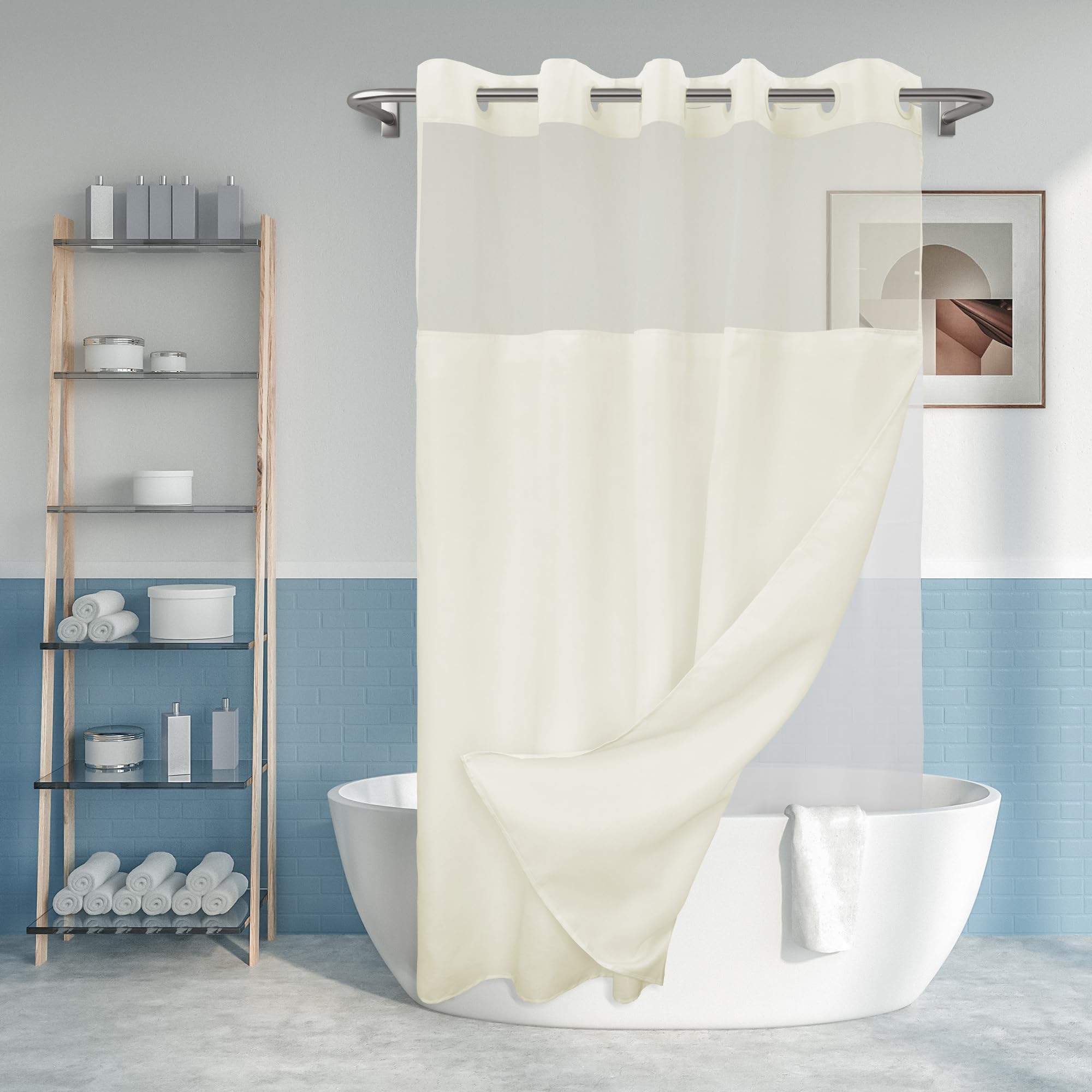 Long No Hook Slub Textured Shower Curtain with Snap-in PEVA Liner Set - 71 x 80(78), Hotel Style with See Through Top Window, Cr