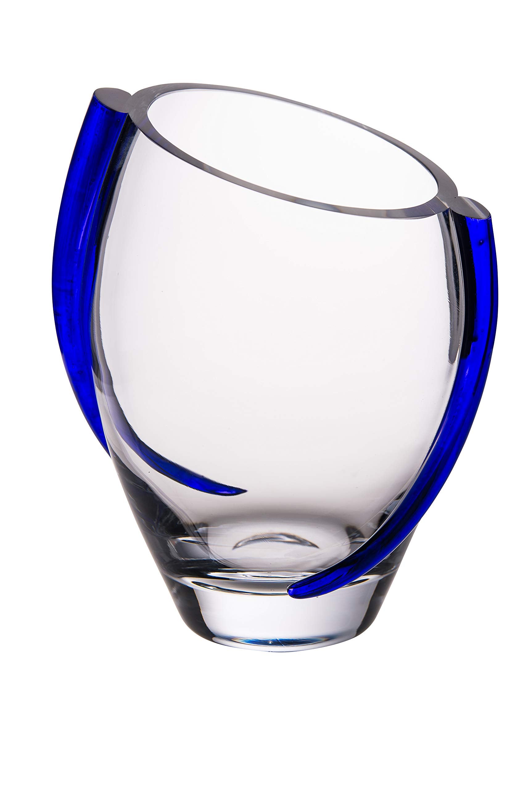 Glass Vase with Cobalt Swirl - 9.25 H - by Barski - European Quality - Beautiful Designed with Blue Swirl - Mouth Blown - Hand M