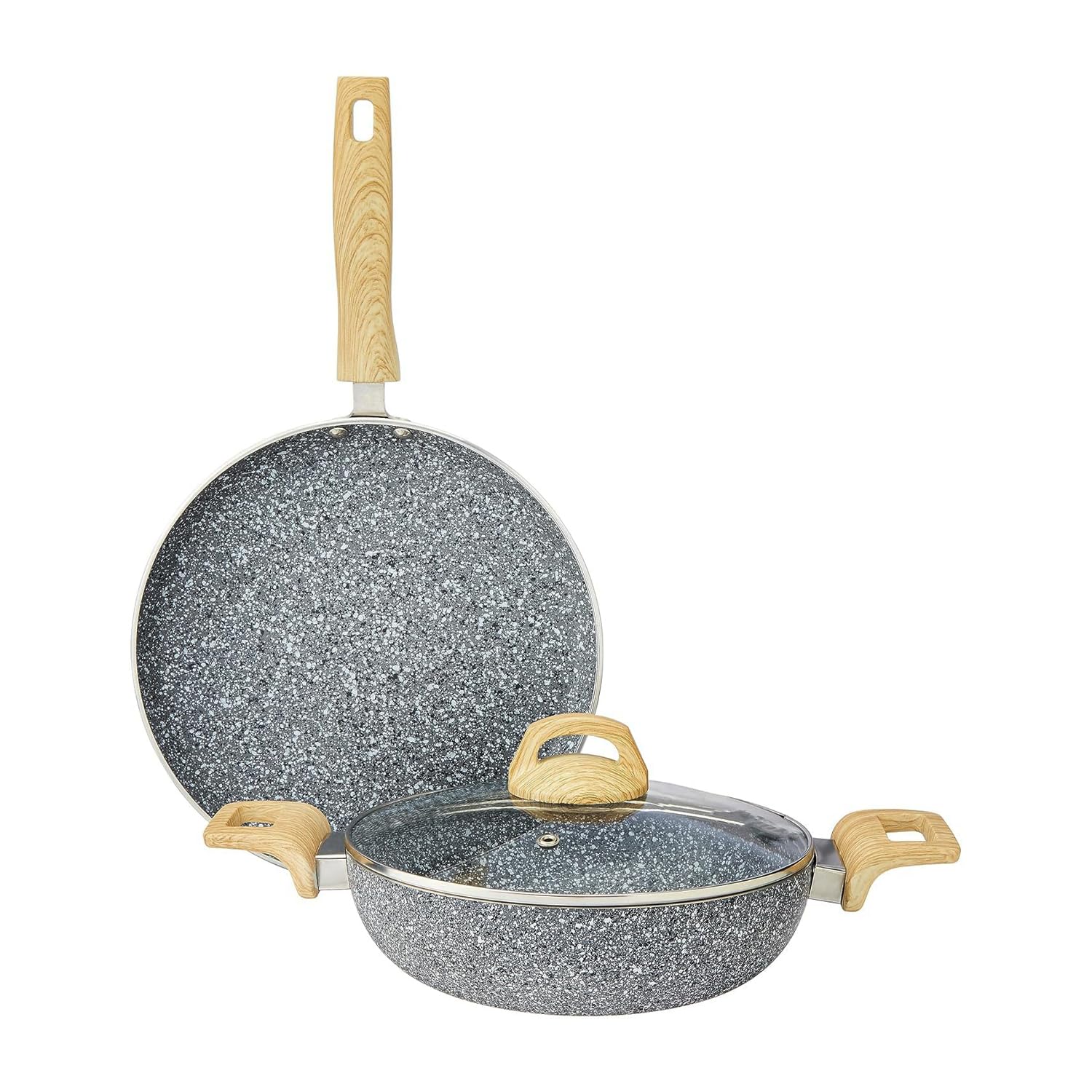 Amazon Basics Granite Finish Non Stick 2 Pcs Induction Base Cookware Set-Granito Grey (24 Cm Kadai, 28Cm Tawa)