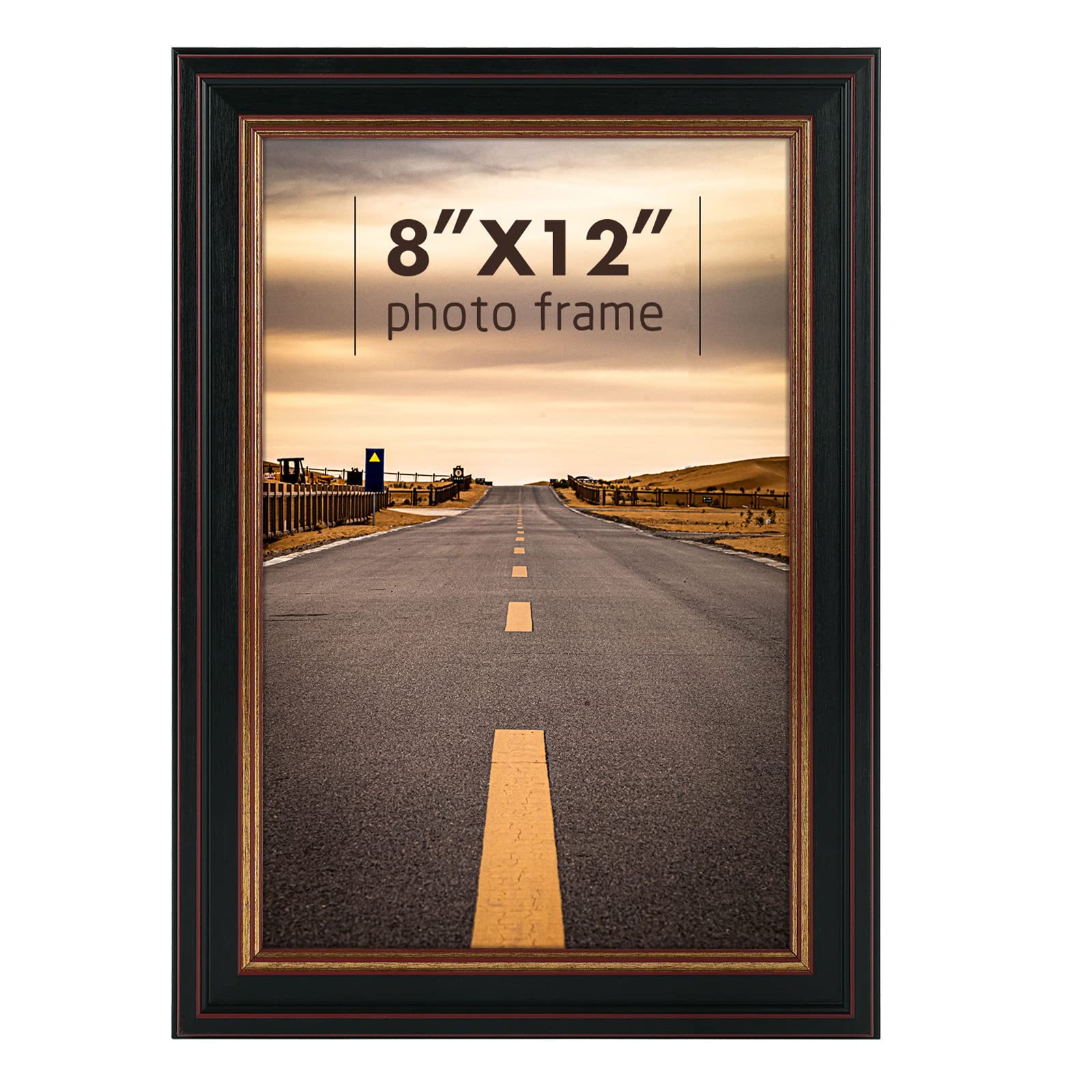 Golden State Art, 8x12 Inch Poster Frame Black with Burgundy and Gold Trim, Horizontal and Vertical Wall Display, with Real Glas