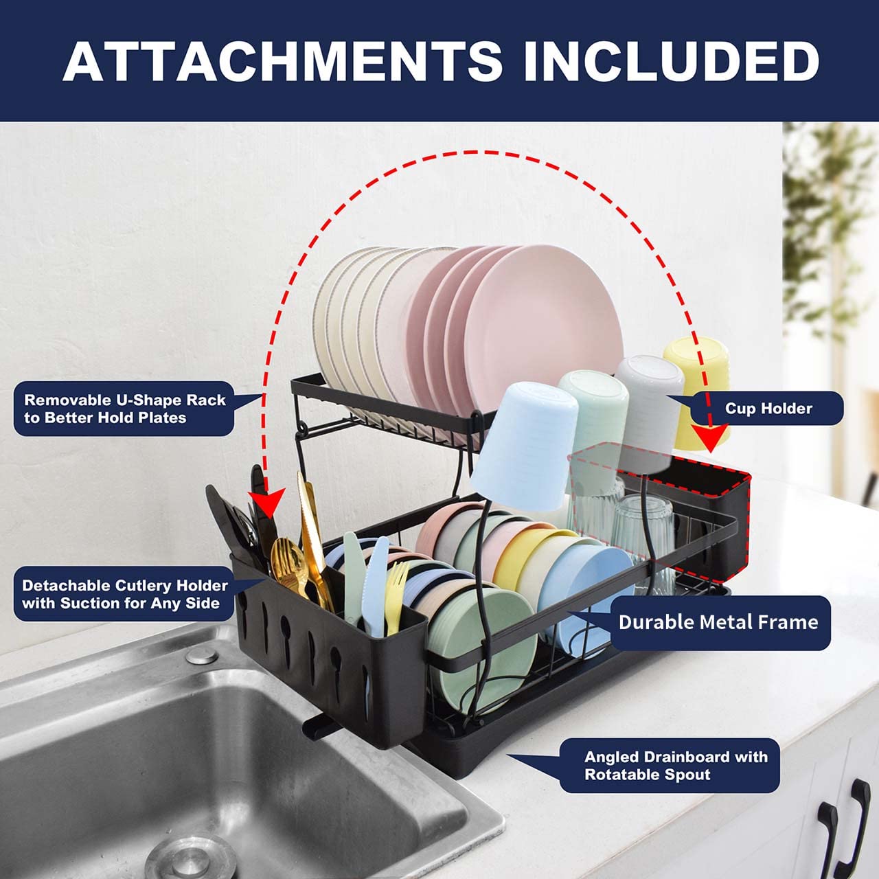 Anvori 2 Tier Large Kitchen Dish Drying Rack With Drainboard Stainless Steel, Dish Racks Drainers For Kitchen Counter Rust-Proof