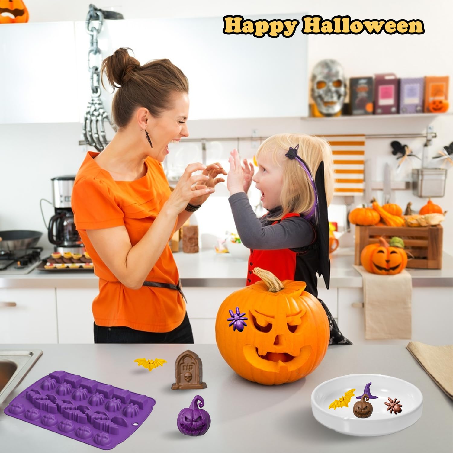 Rominvic Halloween Chocolate Mold Silicone,30 Cavity Candy Gummy Mold With Pumpkin Wizard Hat Bat Spider Tombstone For Baking Ch