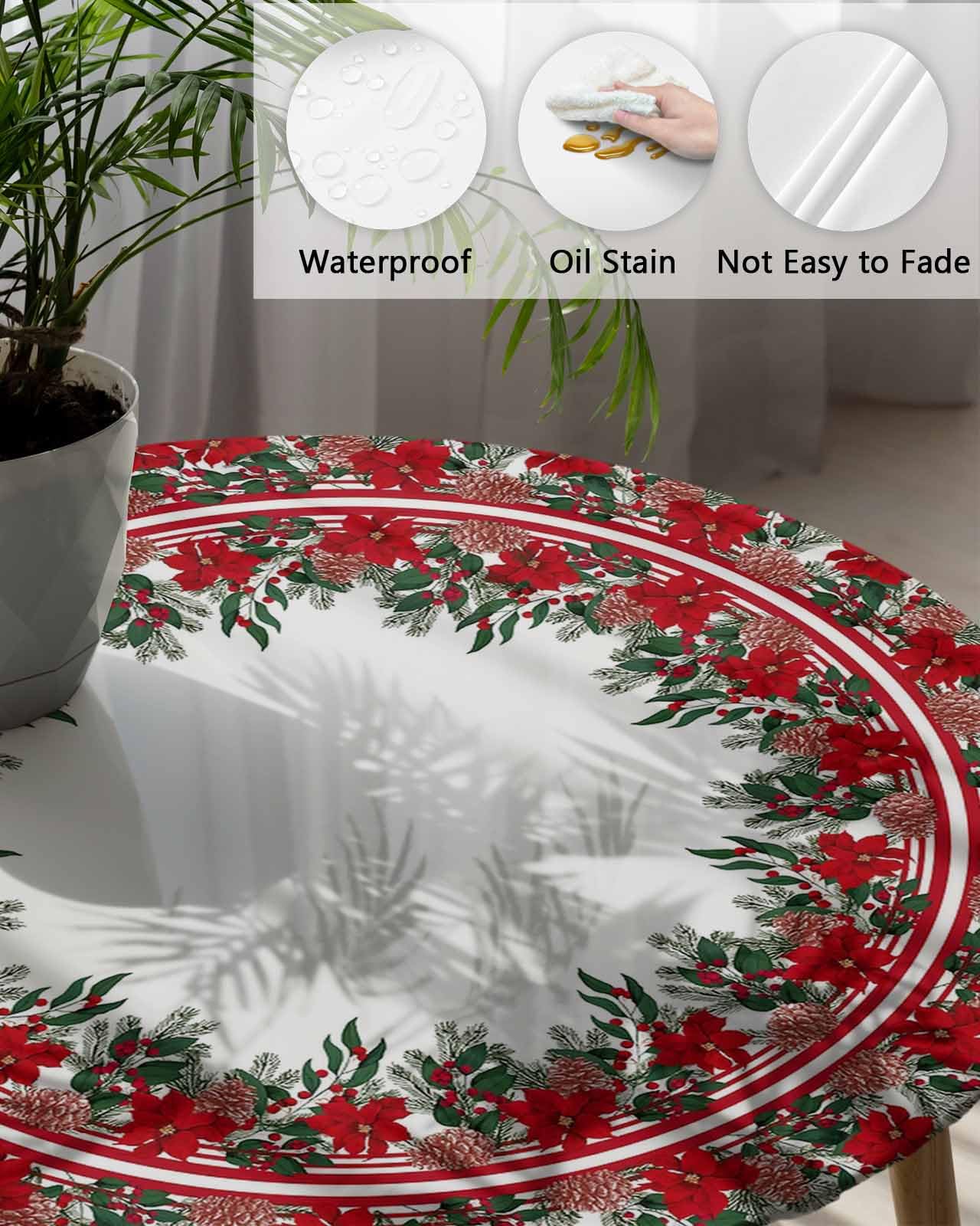 Christmas Day Round Fitted Table Cover For Dining Tables,Elastic Edged Tablecloth Red Poinsettia Flower Berries Wreath Waterproo