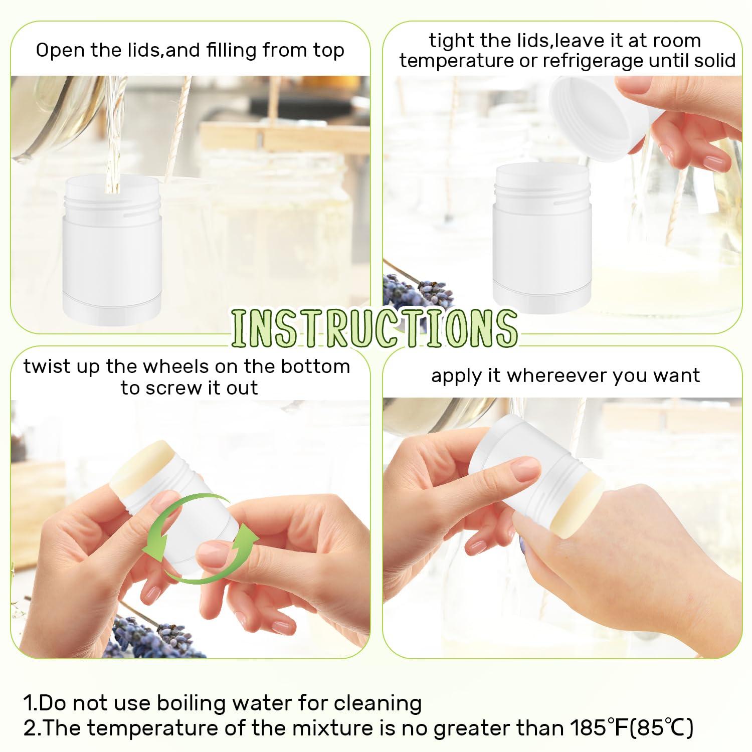 Glasstore 15 Pcs Plastic White Empty Deodorant Containers, Twist-Up Diy Deodorant Tubes, Top Filling Refillable Lip Balm Tubes,