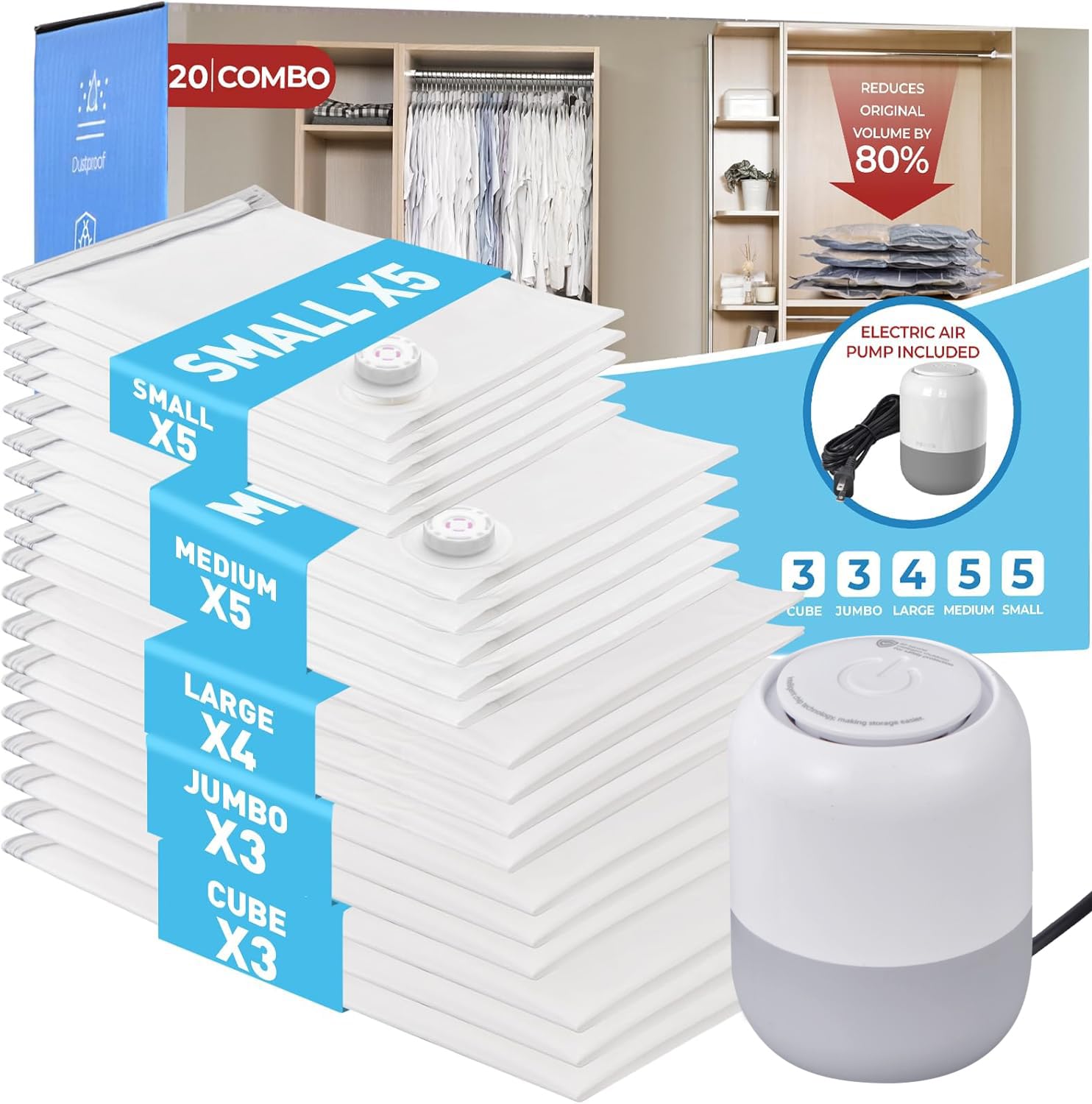 20 Pack Vacuum Storage Bags With Electric Air Pump, Vacuum Sealed Storage Bags (3Cube/3Jumbo/4Large/5Medium/5Small), Space Saver