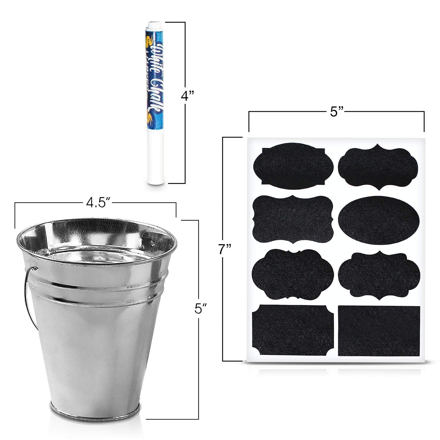 Artcreativity Large Galvanized Metal Buckets Set, Includes 12 Rustic Pails With Handles, 24 Chalkboard Labels And 1 Liquid Chalk
