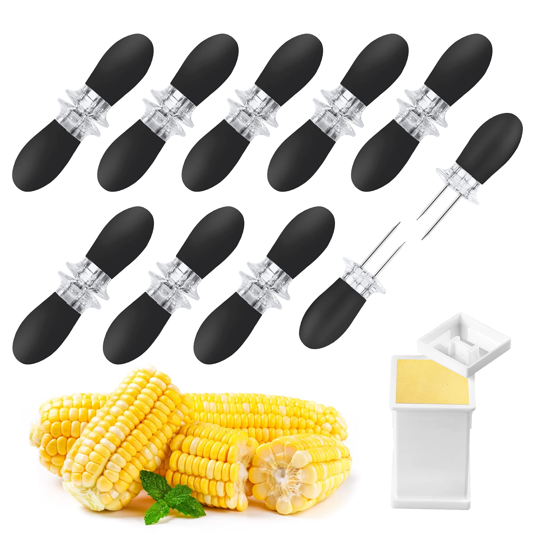 Augsun 18Pcs/9Pairs Black Corn Holders, Stainless Steel Corn Cob Holders Corn On The Cob Bbq Fork Skewers With Butter Spreader F