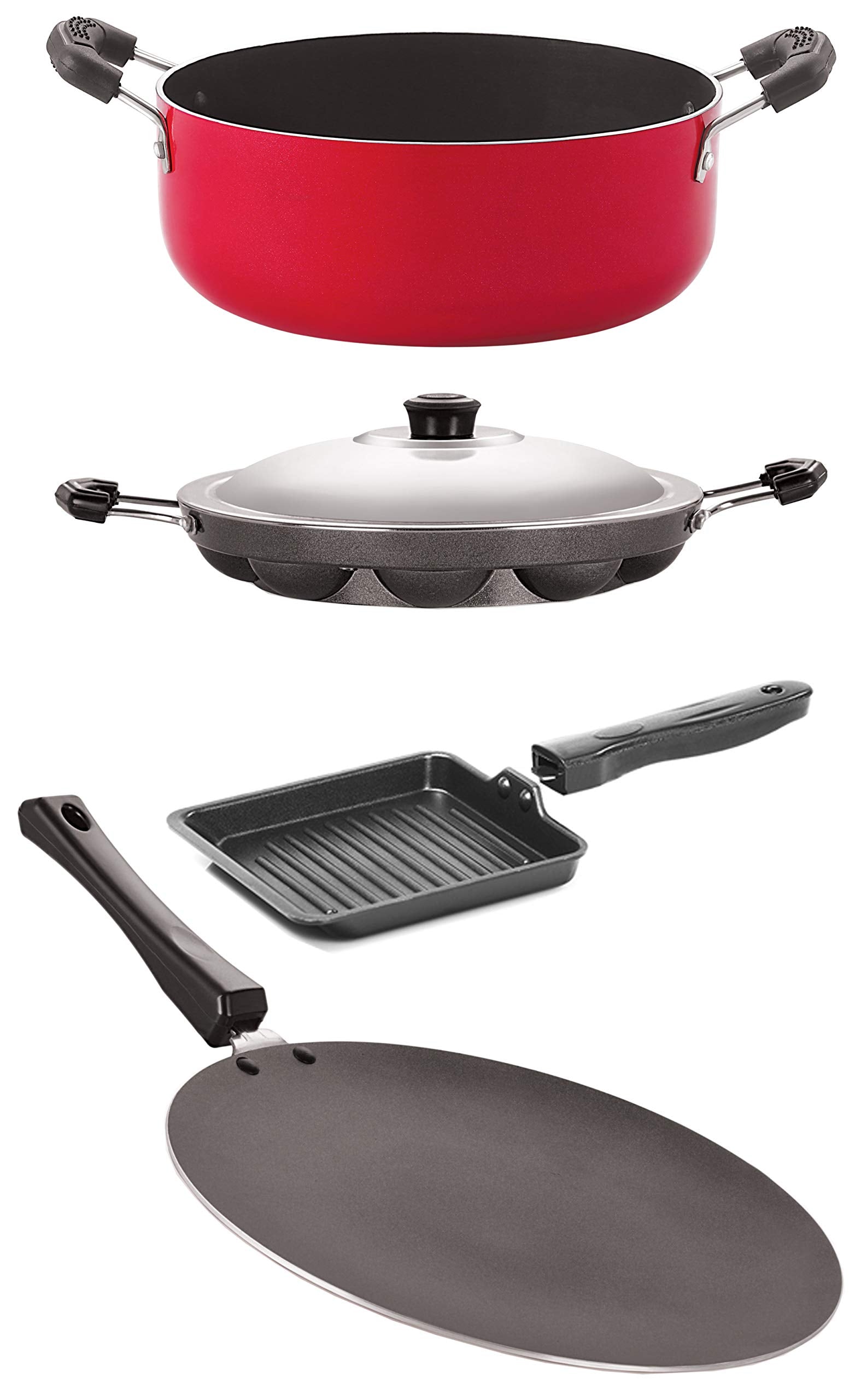 Nirlon NonStick Aluminium Cookware Gift 4 Pieces Set, Red (Concave Tawa 28.5Cm + Appam Steel Lid 12 Cavity + Small Grill Pan  