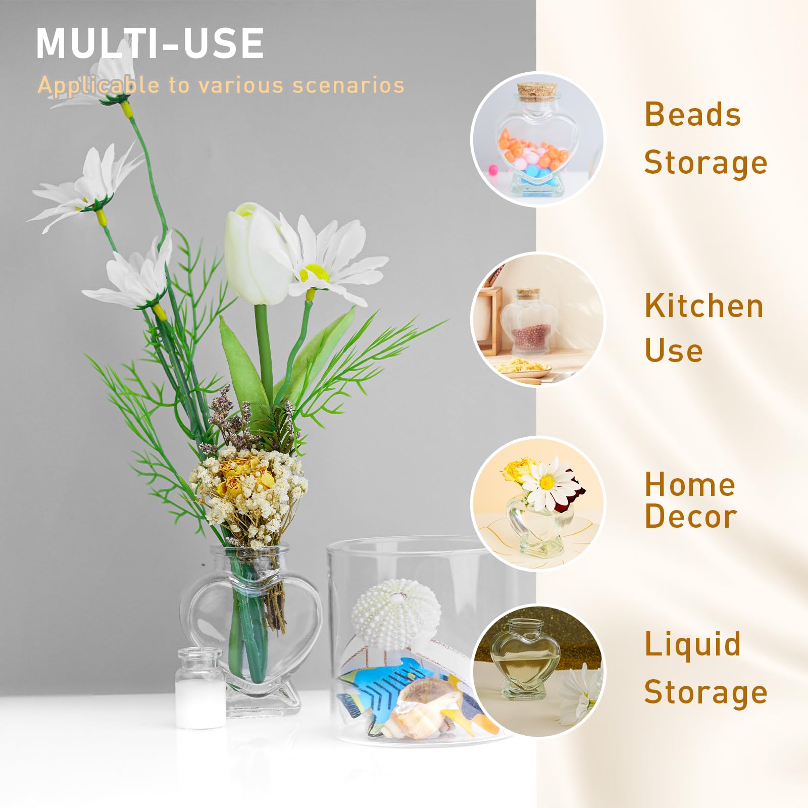 FJNATINH Heart Glass Bottle With Cork Stopper, 50ml Small Decorative Jars for Home Decor DIY Art Crafts, Mini Cute Message Wish