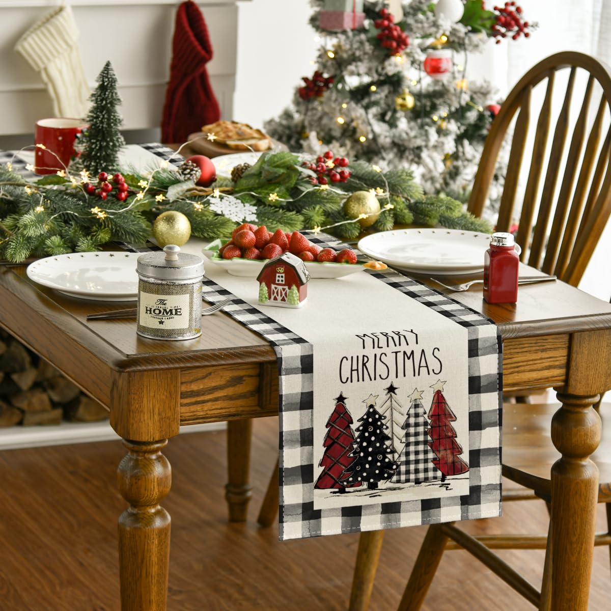 Artoid Mode Waterclor Buffalo Plaid Christmas Trees Merry Xmas Table Runner, Seasonal Winter Holiday Kitchen Dining Table Decora