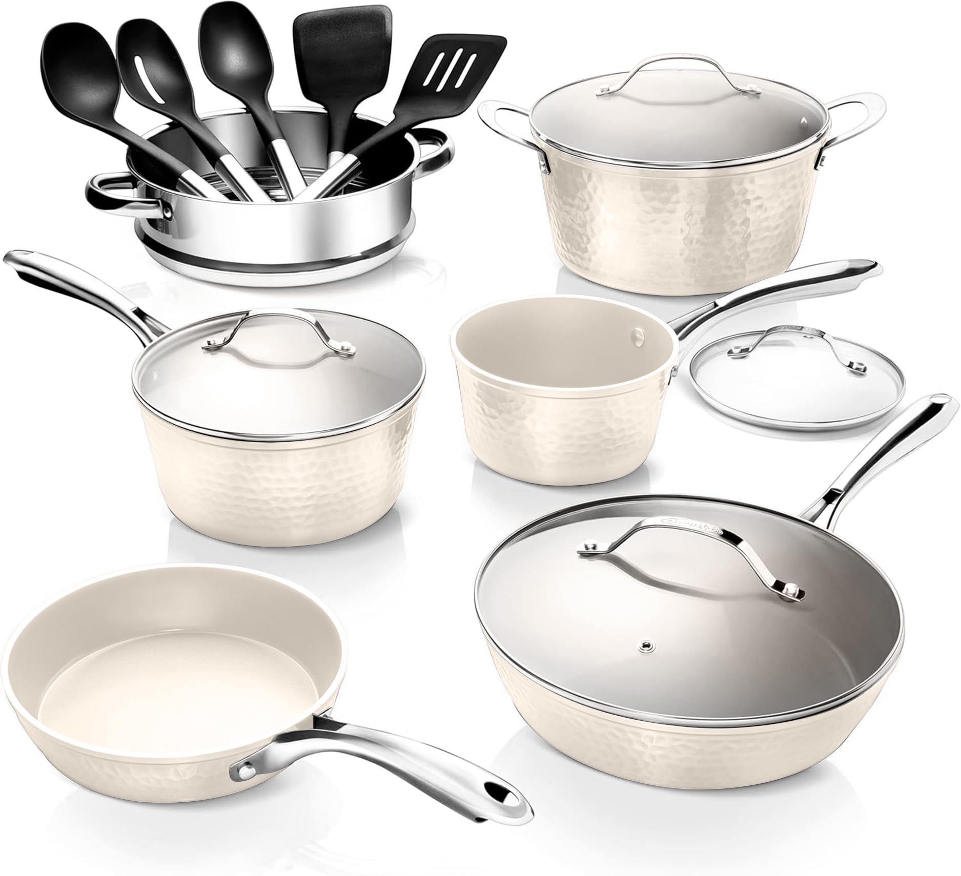 GOTHAM STEEL Hammered 15 Pc Ceramic Cookware Set Nonstick, Pots and Pans Set Non Stick for Kitchen with Utensils, Pots and Pans