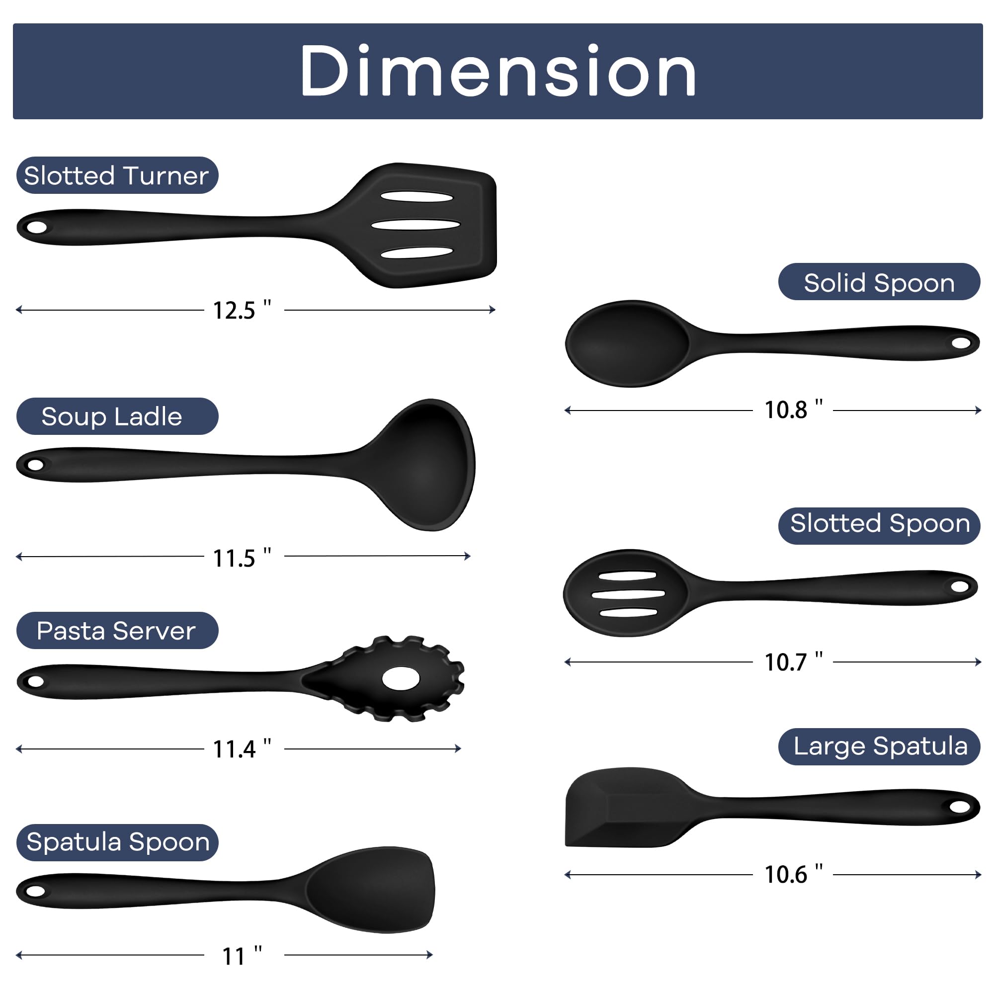 Teamfar Silicone Cooking Utensil Set Of 7, Black Kitchen Nonstick Tools Turner Spoon Spatula Ladle Pasta Server For Nonstick Coo
