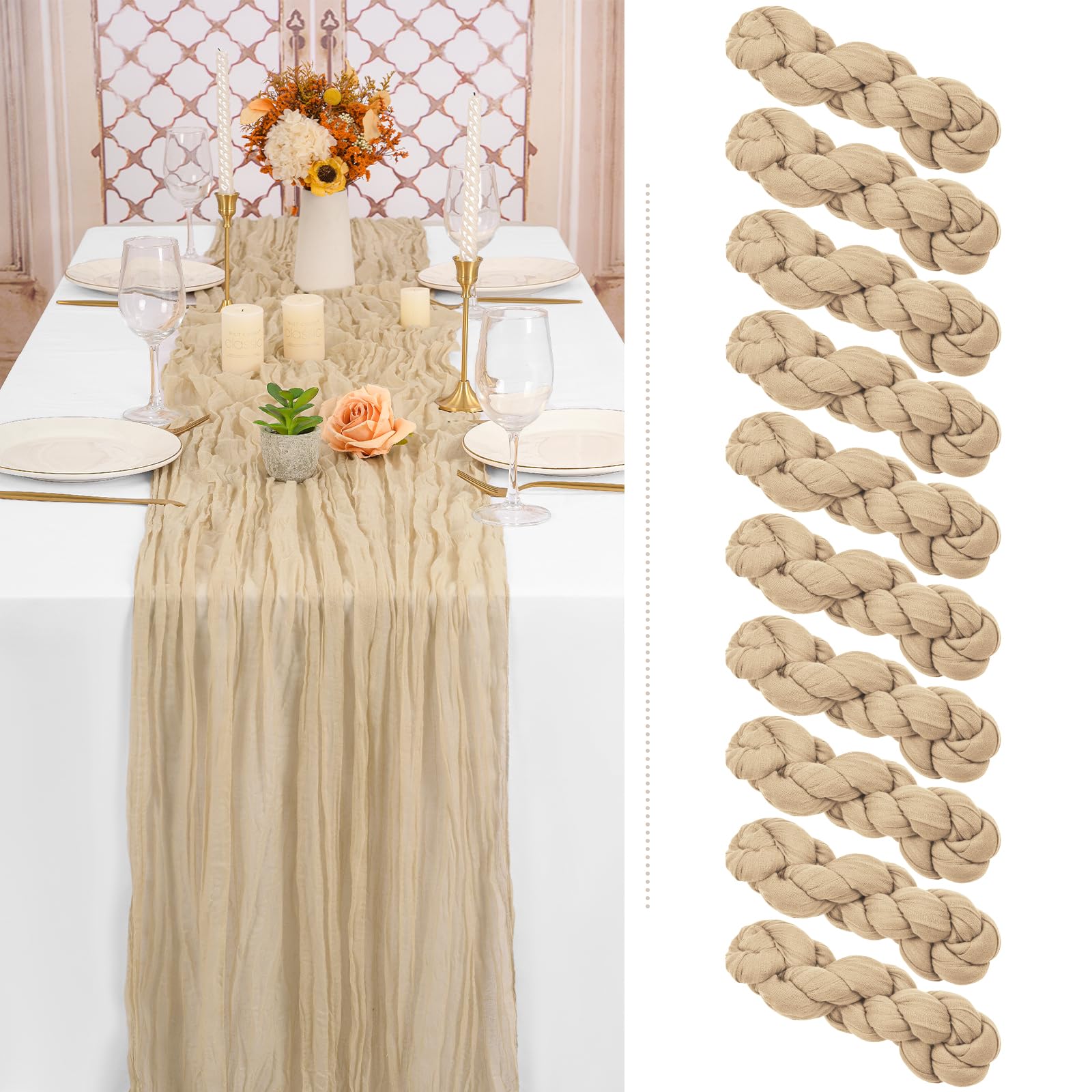 10 Pack Beige Cheesecloth Table Runner Gauze Table Runner 10Ft Long Semi-Sheer Table Runner Boho Or Rustic Wedding Table Decor F